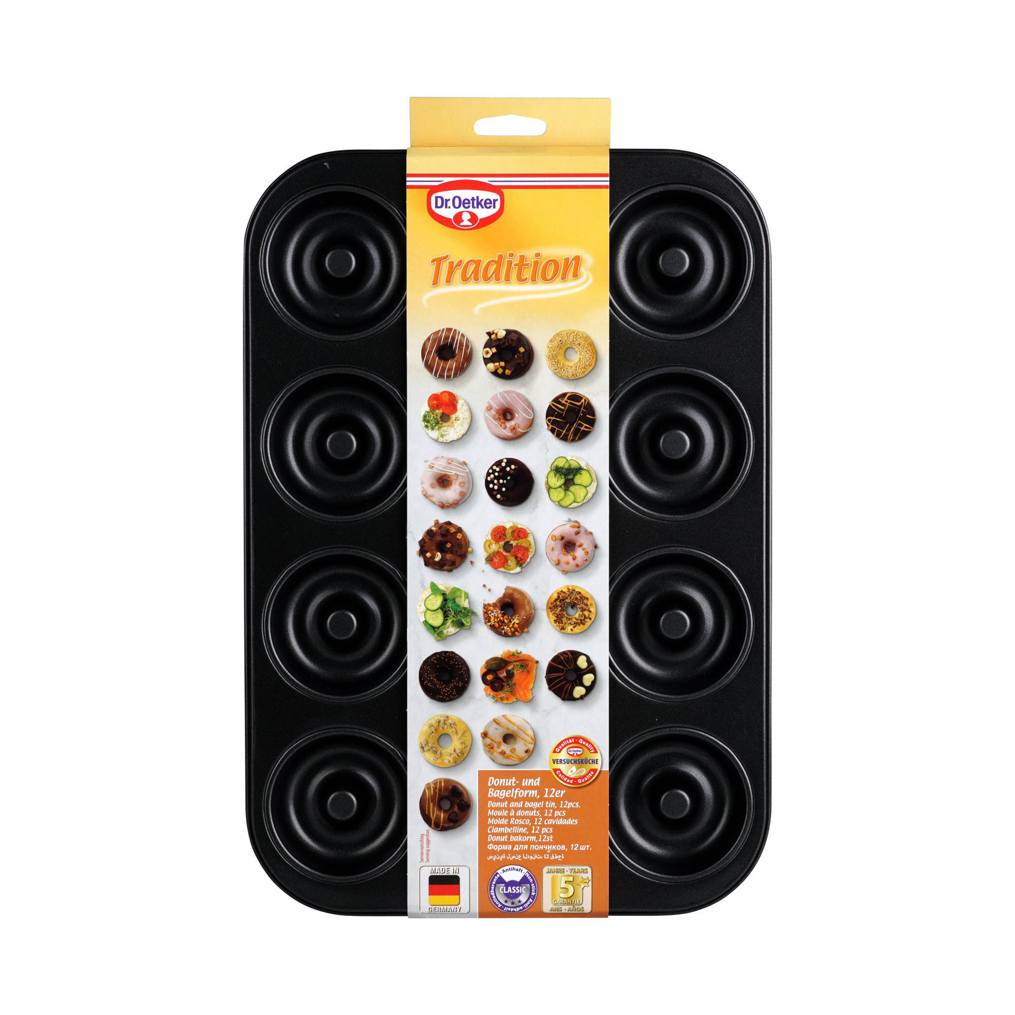 Donut Backform mit Verpackung und verschiedenen dekorierten Donuts