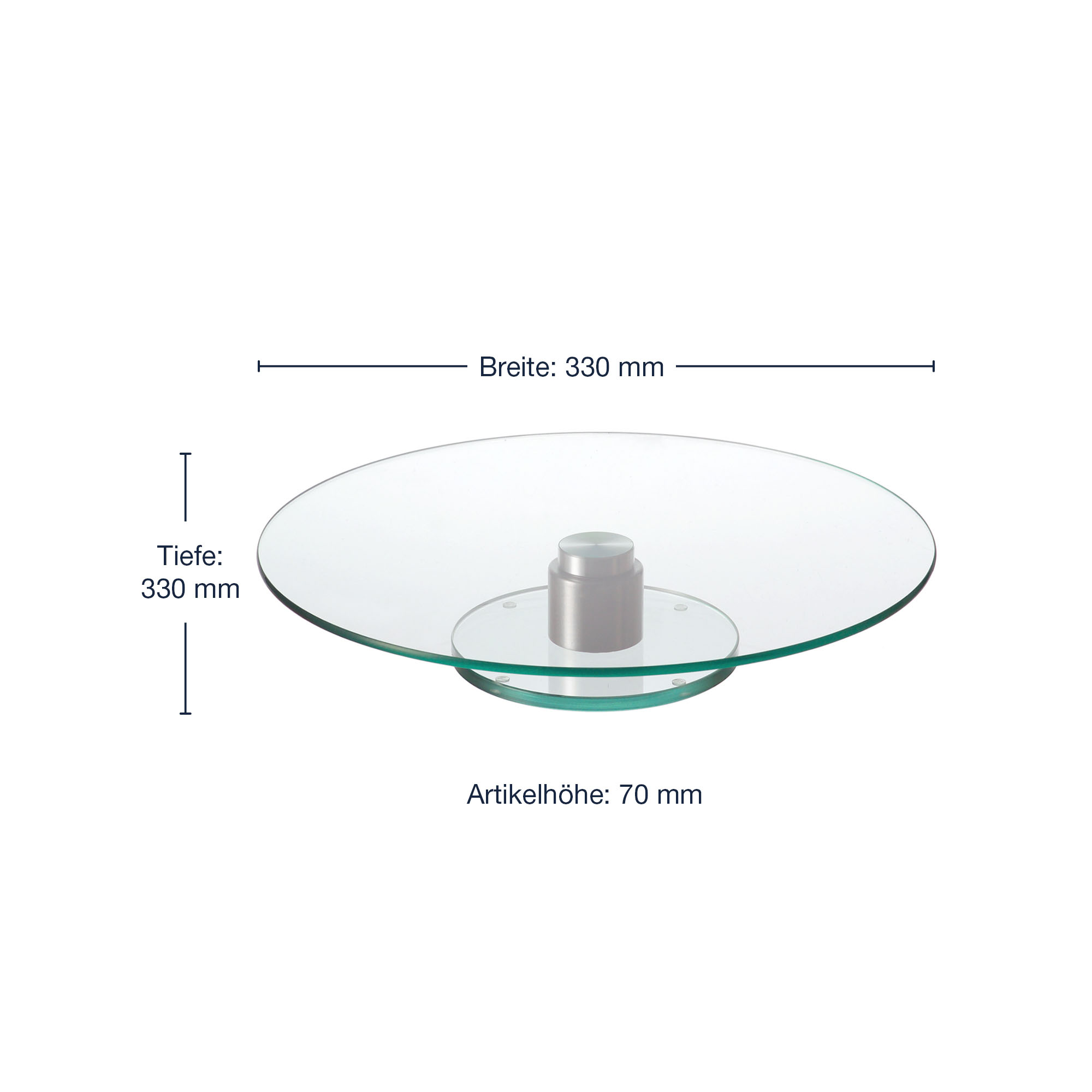 Darstellung der Glas-Tortenplatte mit 330 mm Breite und Tiefe sowie 70 mm Höhe