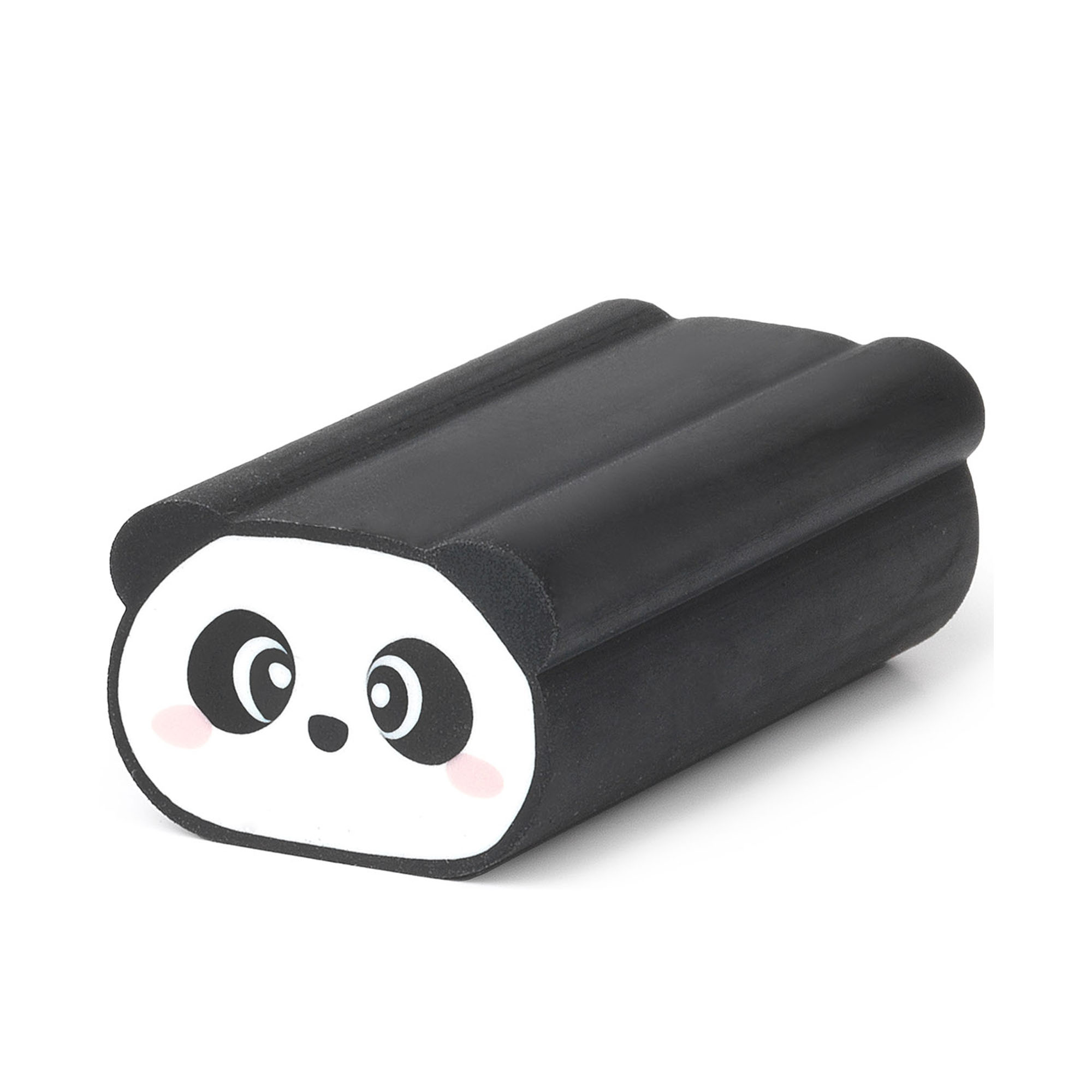 Schwarzer Duft-Radiergummi im Panda-Design, waagerecht ohne Verpackung mit schwarzem Körper und Pandagesicht gezeigt.