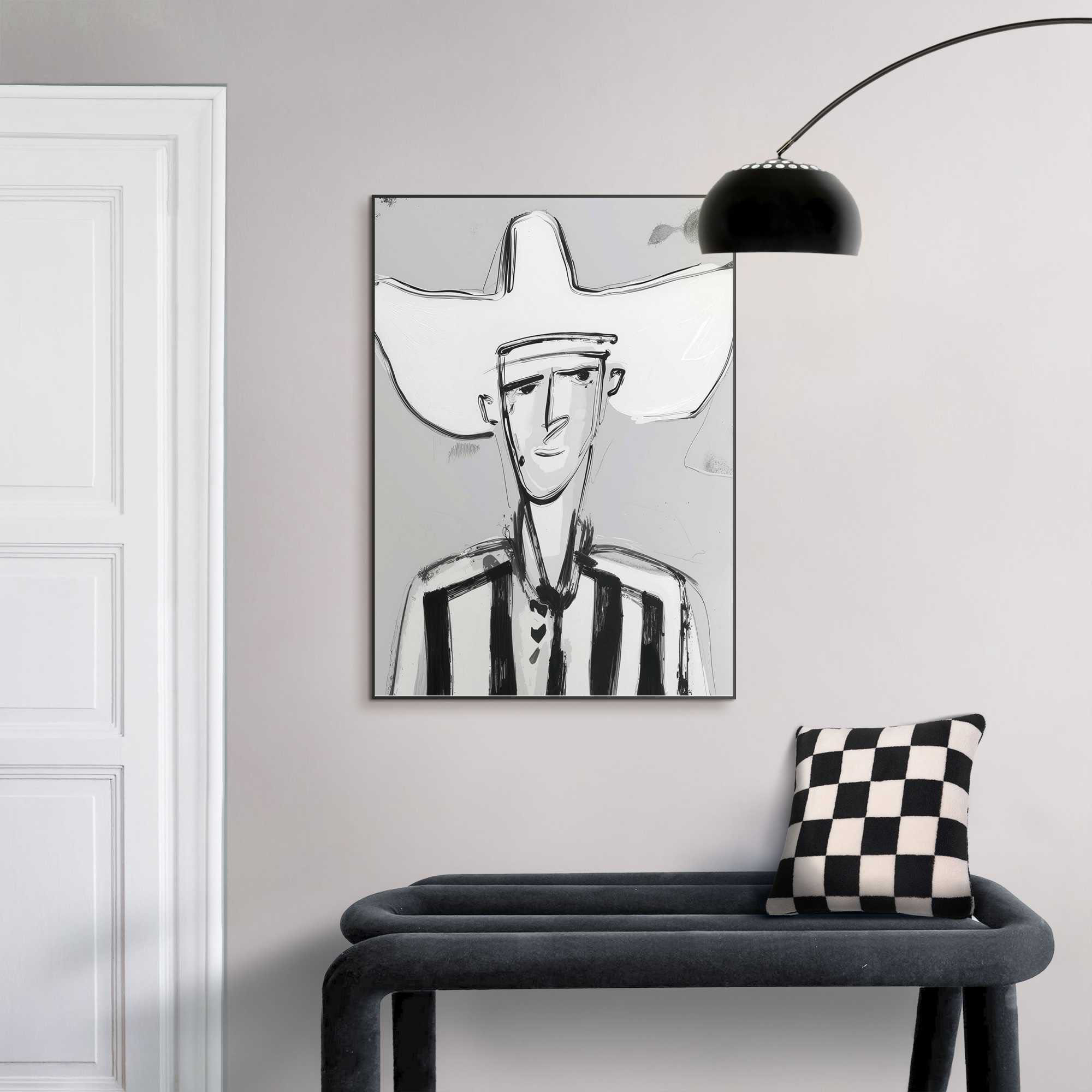 Das Wandbild „Modern Cowboy“ in Schwarz-Weiß, 50 × 70 cm, hängt in einem eingerichteten Wohnraum und zeigt die Größenwirkung an der Wand.