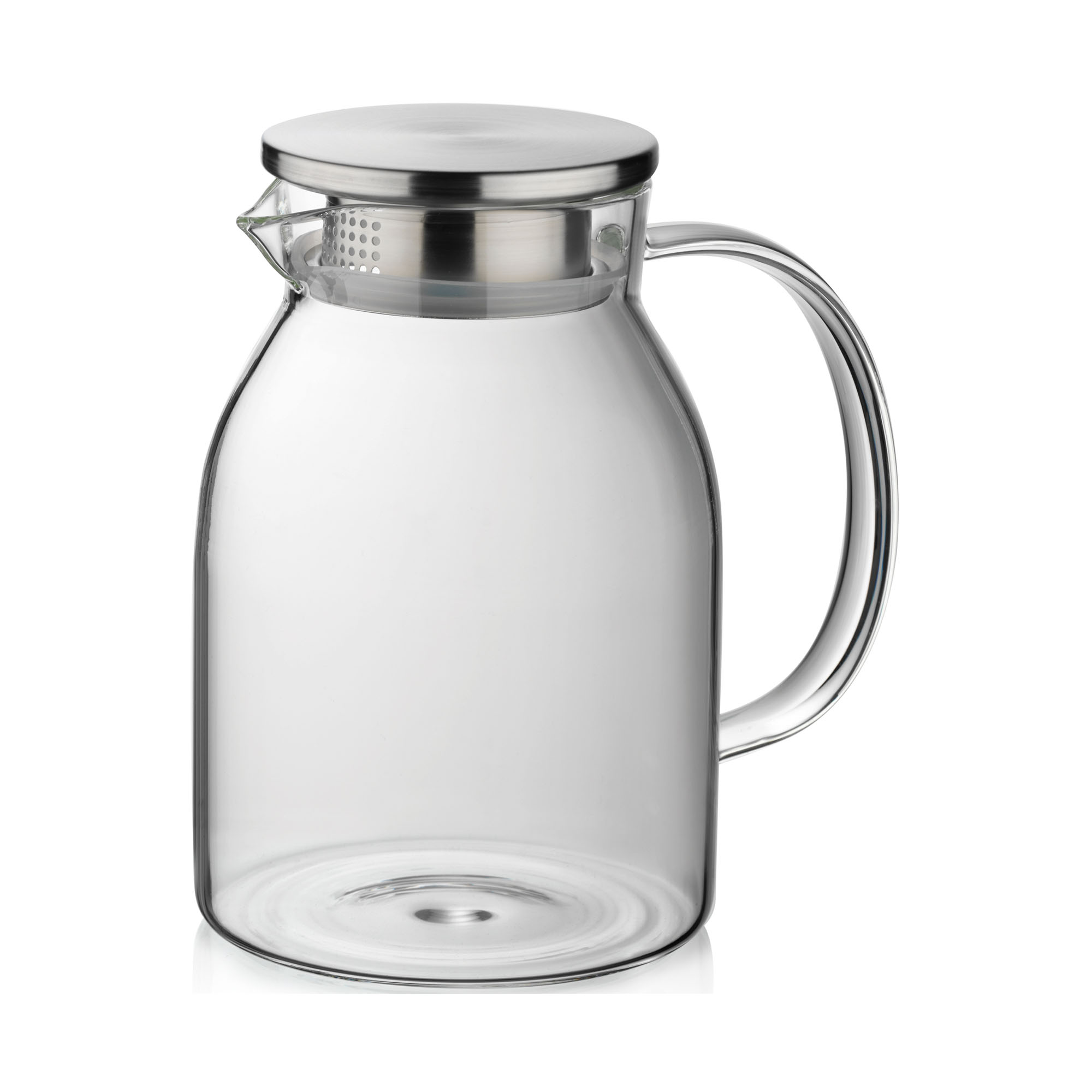 Transparente Universalkanne aus Glas mit seitlichem Henkel und silberfarbenem Deckel vor weißem Hintergrund