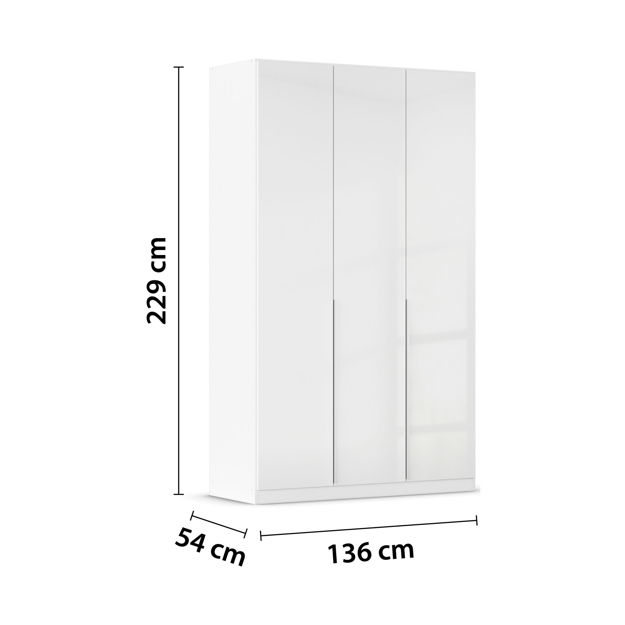Weißer Drehtürenschrank in Hochglanz mit drei Türen und den Maßen 136 cm Breite, 229 cm Höhe und 54 cm Tiefe