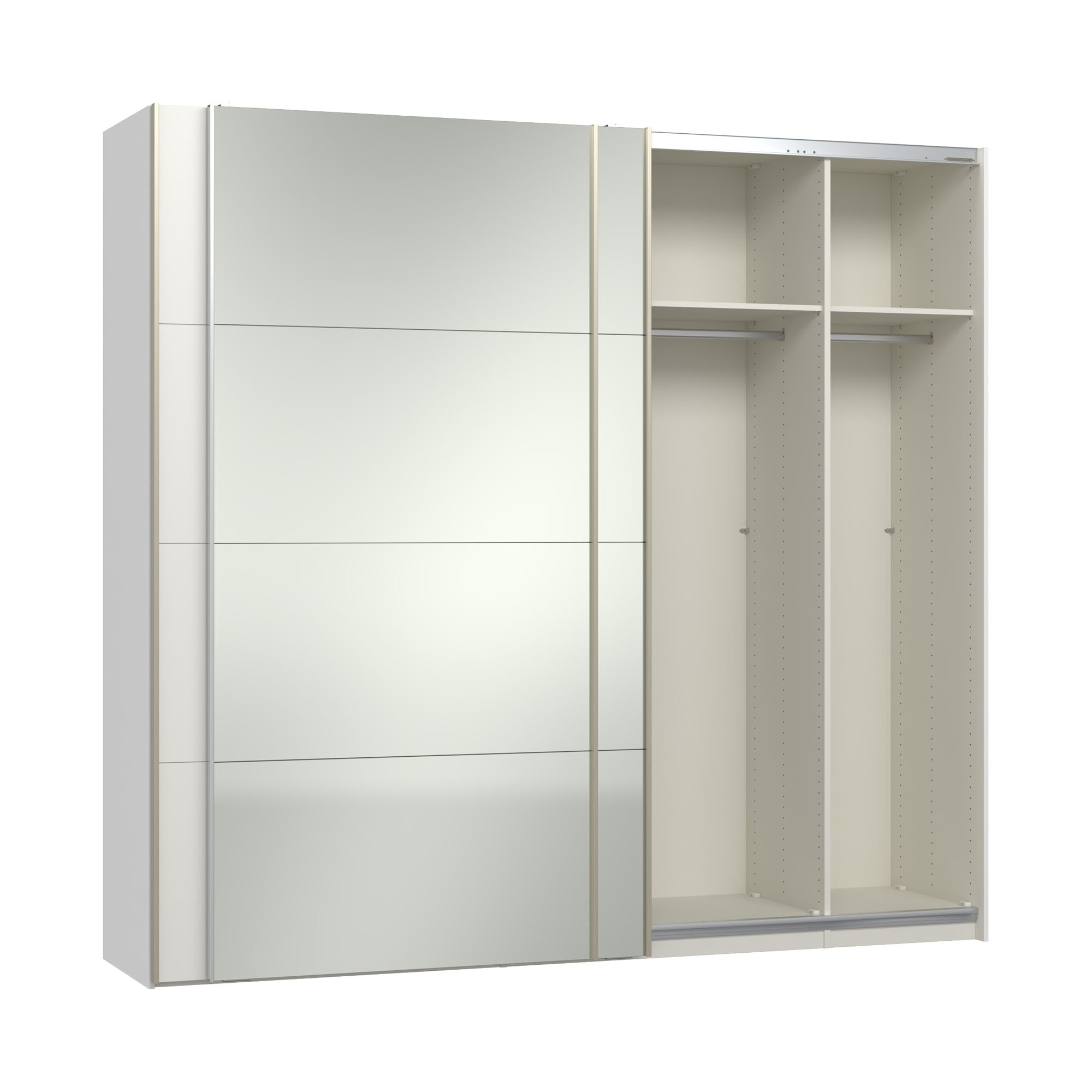 Teilgeöffneter Schwebetürenschrank mit zwei Innenfächern und Kleiderstangen