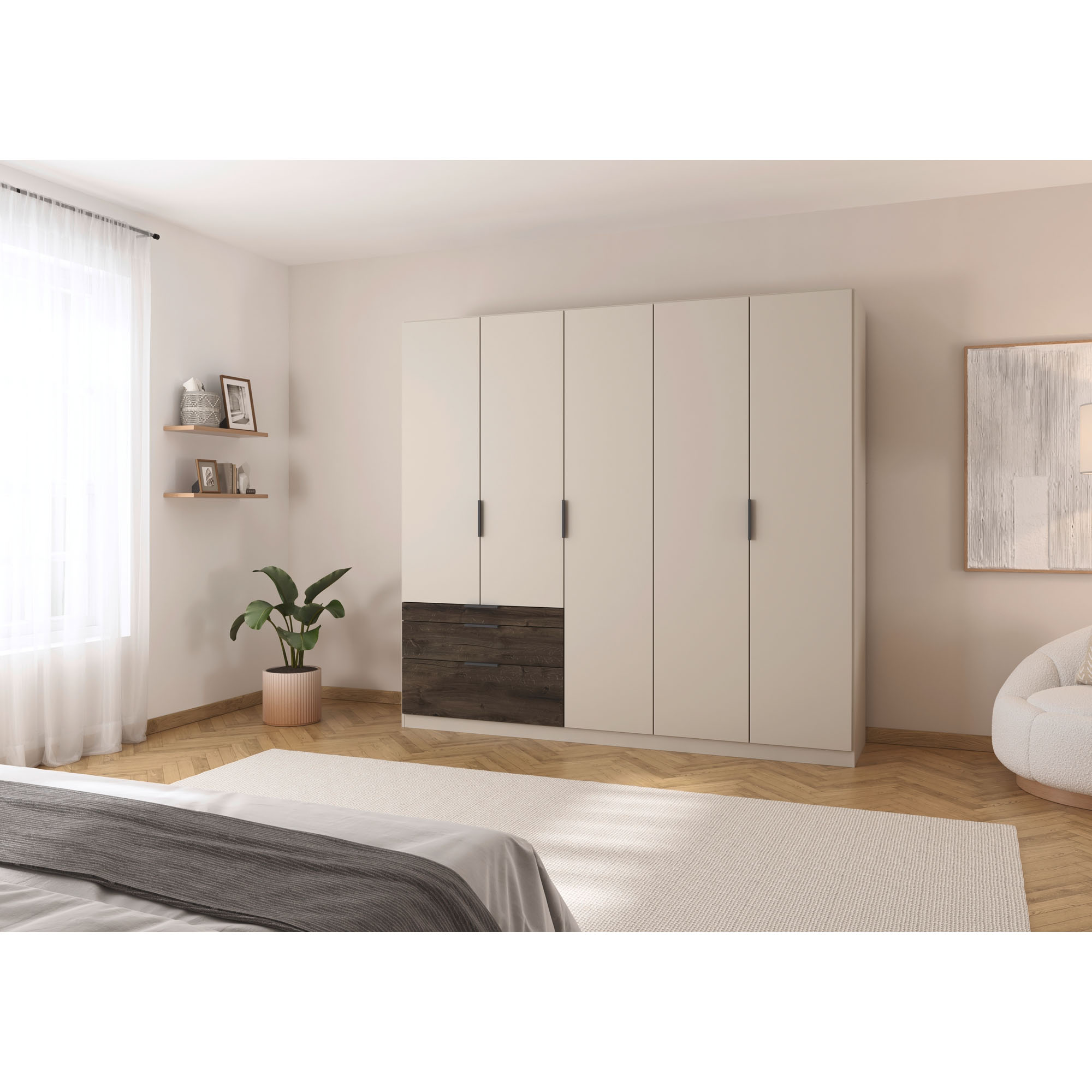 Drehtürenschrank in Champagner mit Absatz in Oak Dunkel, in einem Schlafzimmer-Milieu gezeigt.