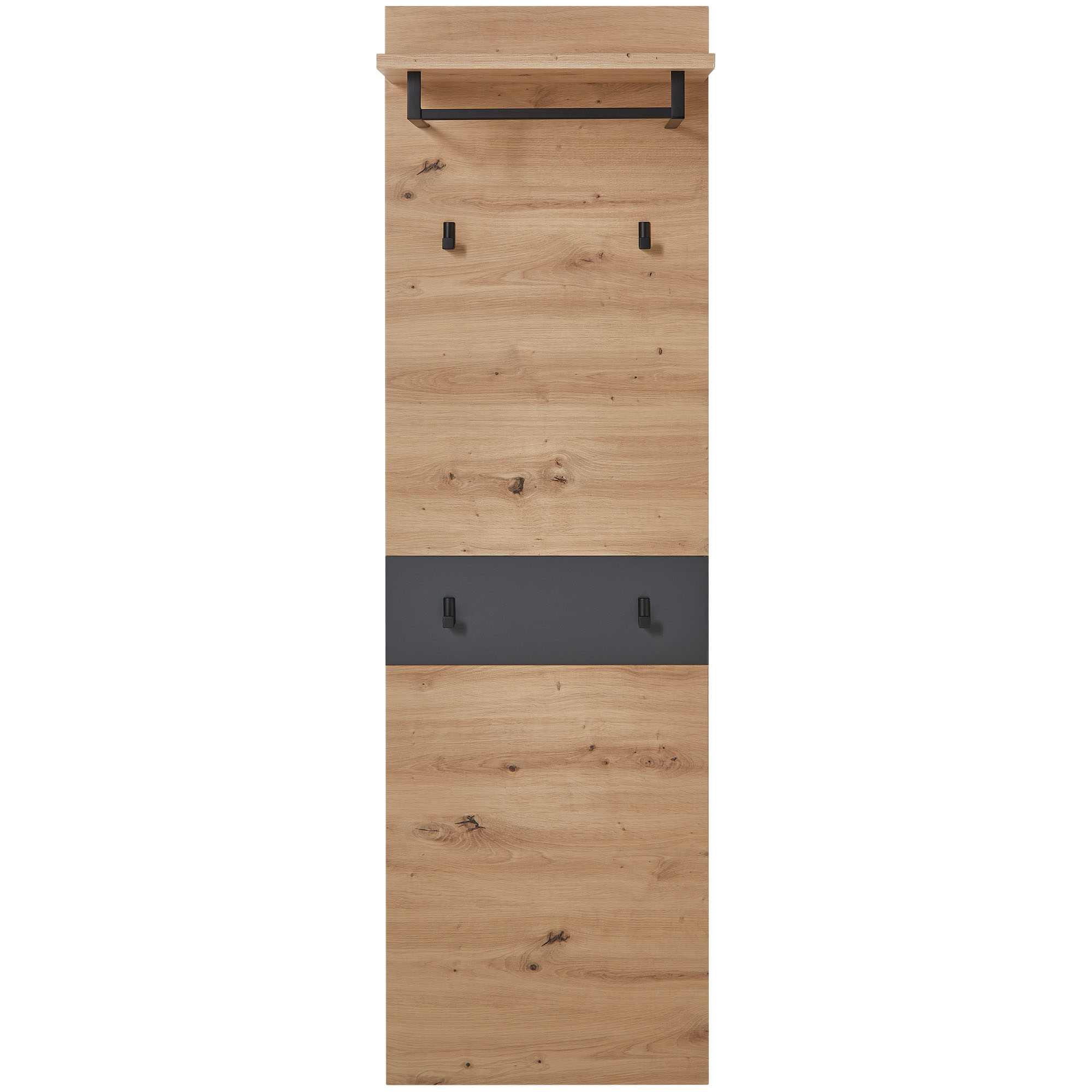 Hochformatiges Wandpaneel aus Holz mit Ablage oben, Metallstange und mehreren Haken, frontal vor weißem Hintergrund aufgenommen.