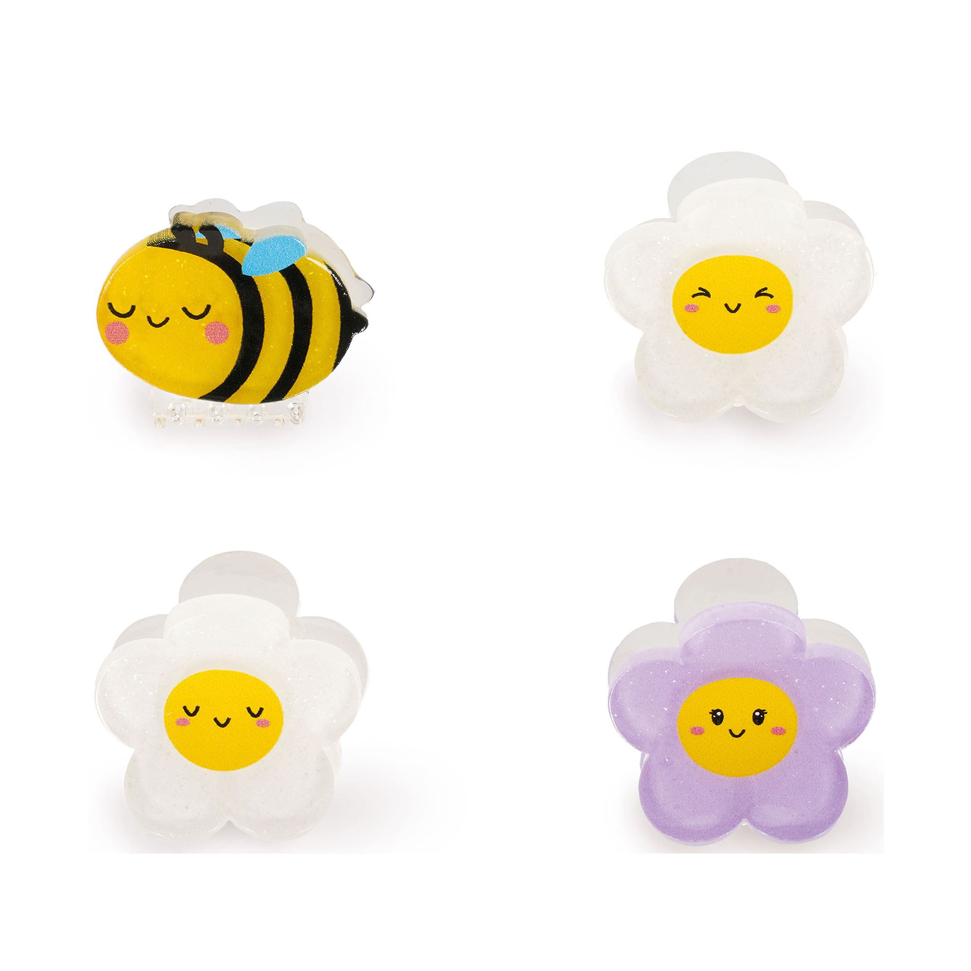 Haarspangen-Set, 4 Stück – Biene von Legami: Vier Haarspangen in Form von Bienen und Blumen auf Weiß.