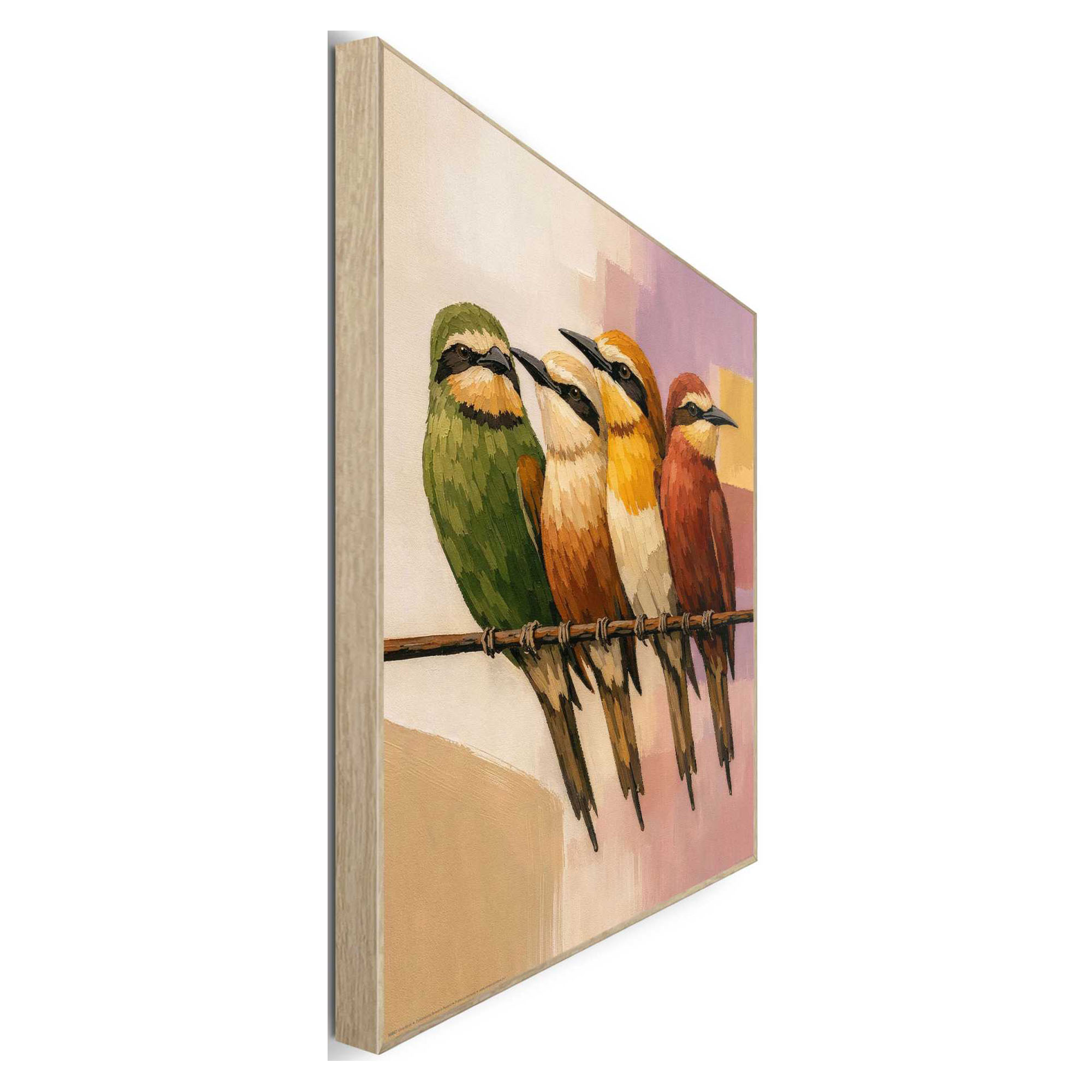 Seitliche Schrägansicht des Wandbilds „Cosy Birds“, 50 × 40 cm; Profil, Kante und Tiefe des Bildes sind erkennbar.