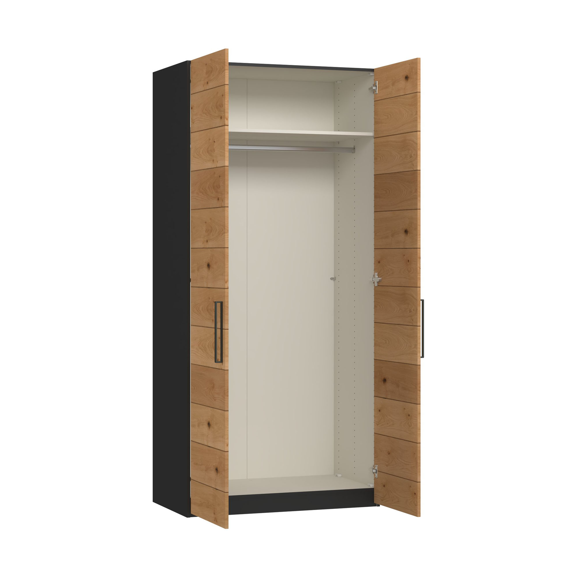 Drehtürenschrank mit geöffneten Türen und Innenraum mit Kleiderstange und Ablage