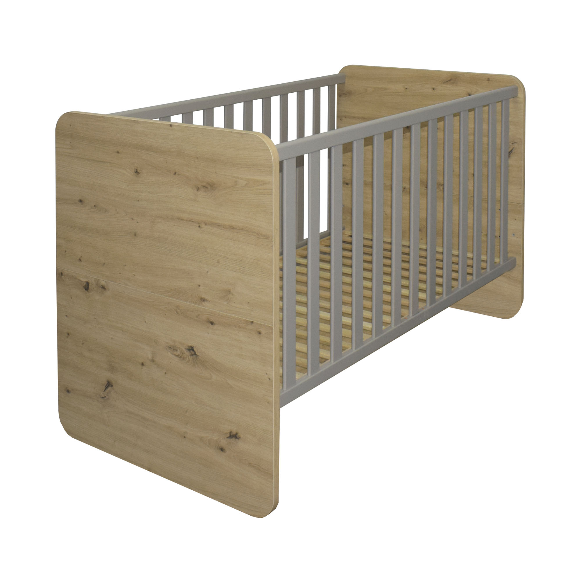 Babybett mit Stirnseiten in Eiche-Sägerau-Nachbildung und grauen Sprossen, robust und modern für das Kinderzimmer