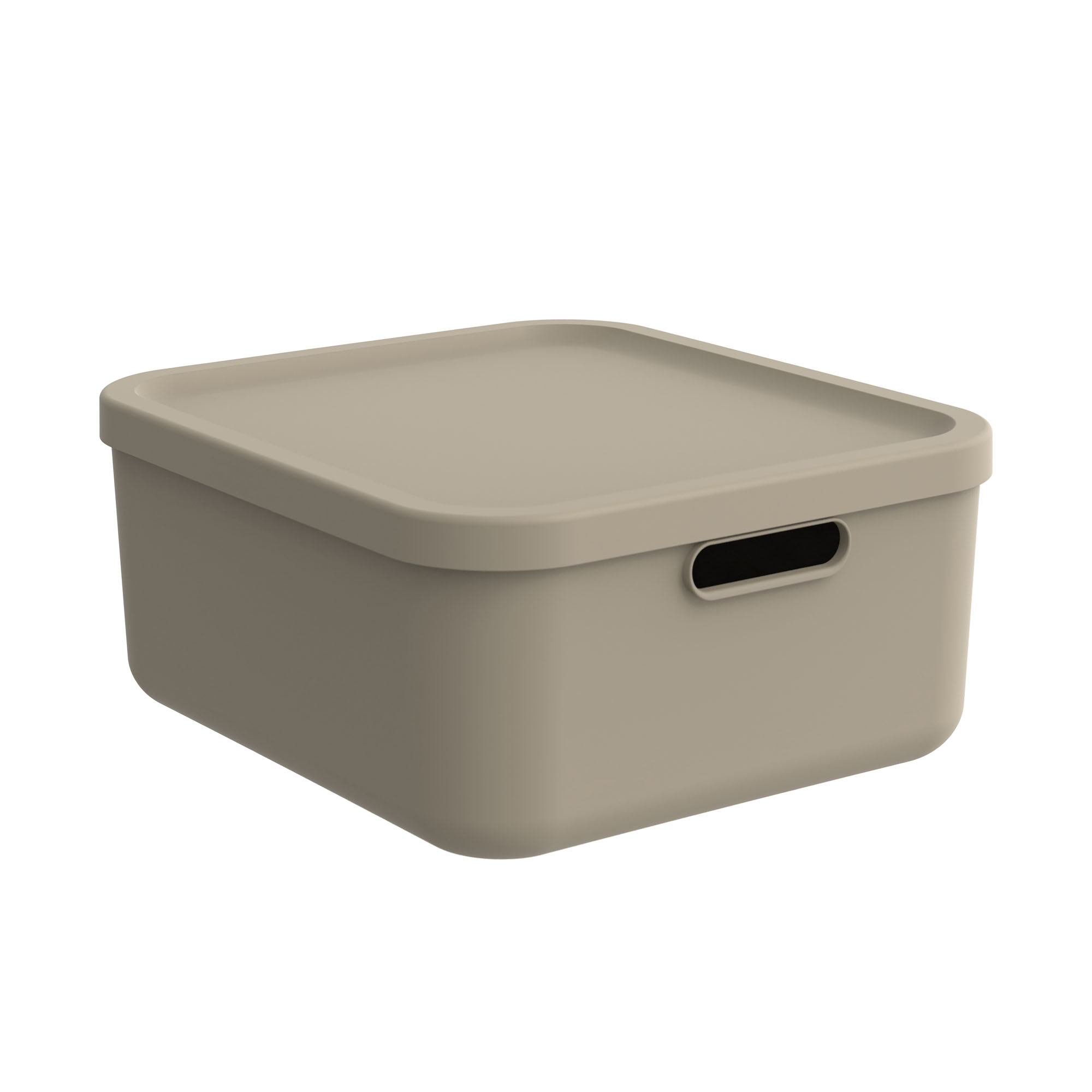 Rechteckige beige Aufbewahrungsbox aus Kunststoff mit passendem Deckel und Grifföffnung