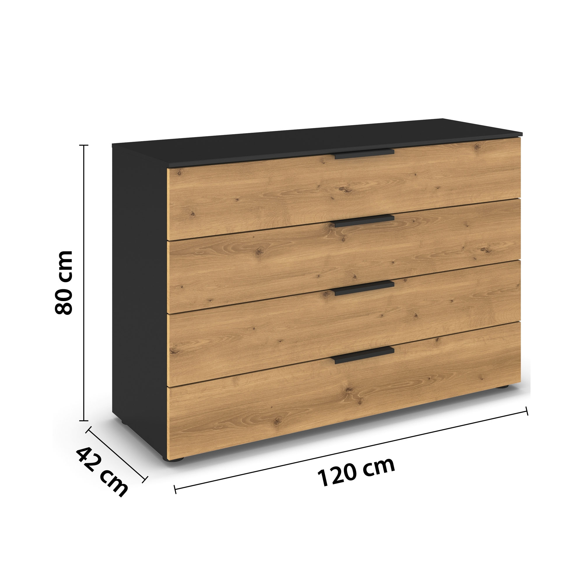 Kommode in Schwarz mit Schubladen in Asteiche-Dekor, Maßangaben Breite 120 cm, Höhe 80 cm und Tiefe 42 cm