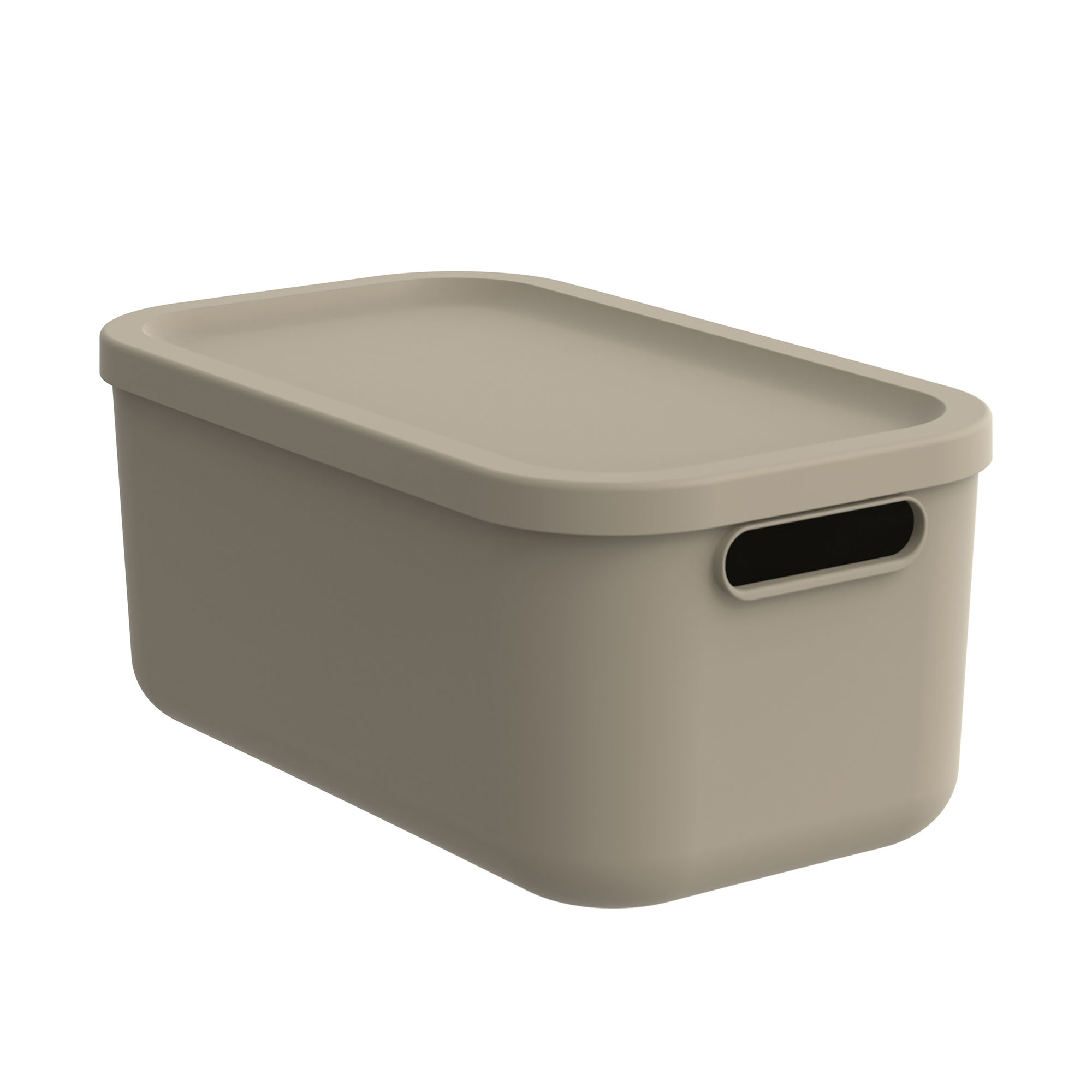 Rechteckige beige Aufbewahrungsbox aus Kunststoff mit passendem Deckel und Grifföffnung