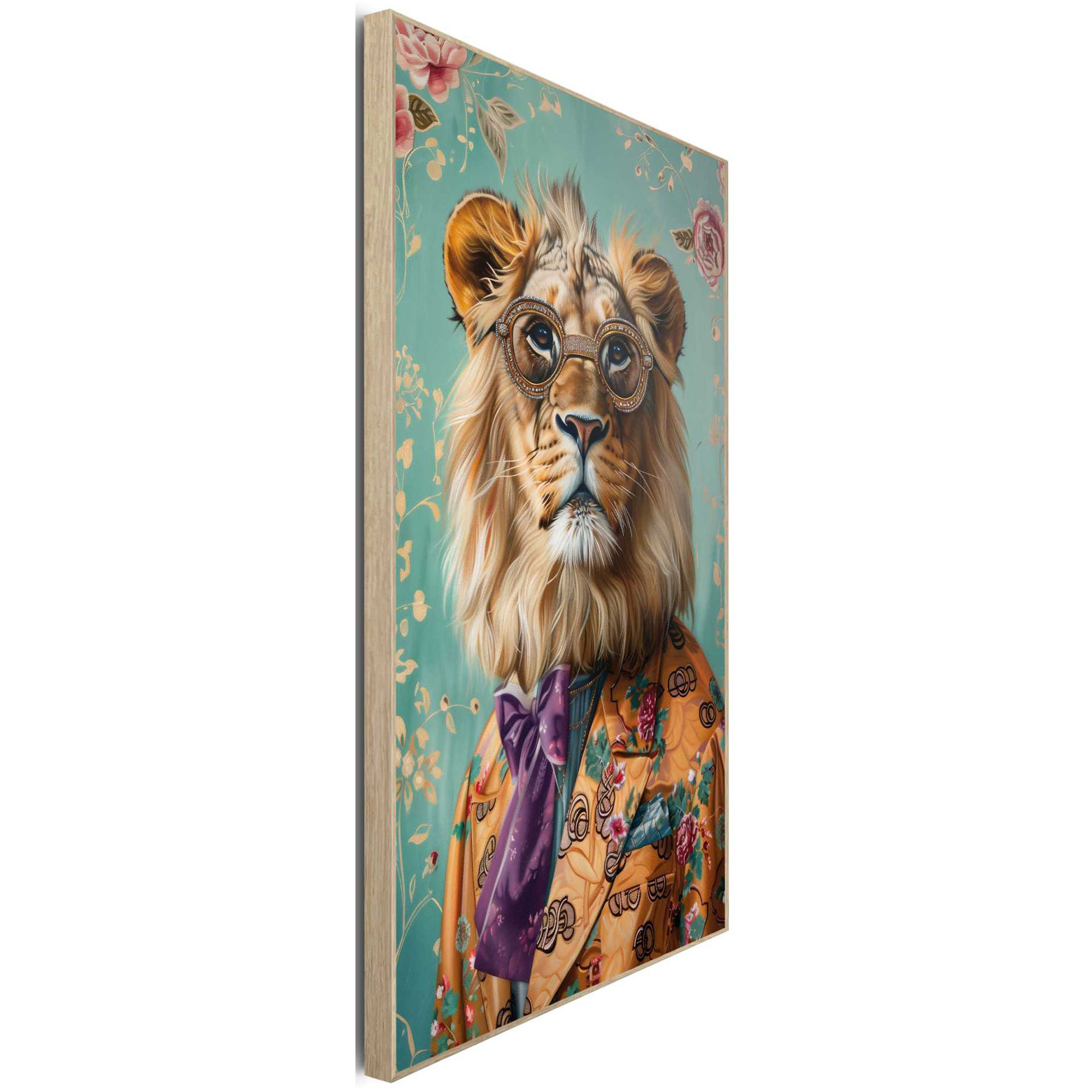 Seitliche Schrägansicht des Wandbilds „Dandy Lion Portrait“, 90 × 60 cm; Profil, Kante und Tiefe des Bildes sind erkennbar.