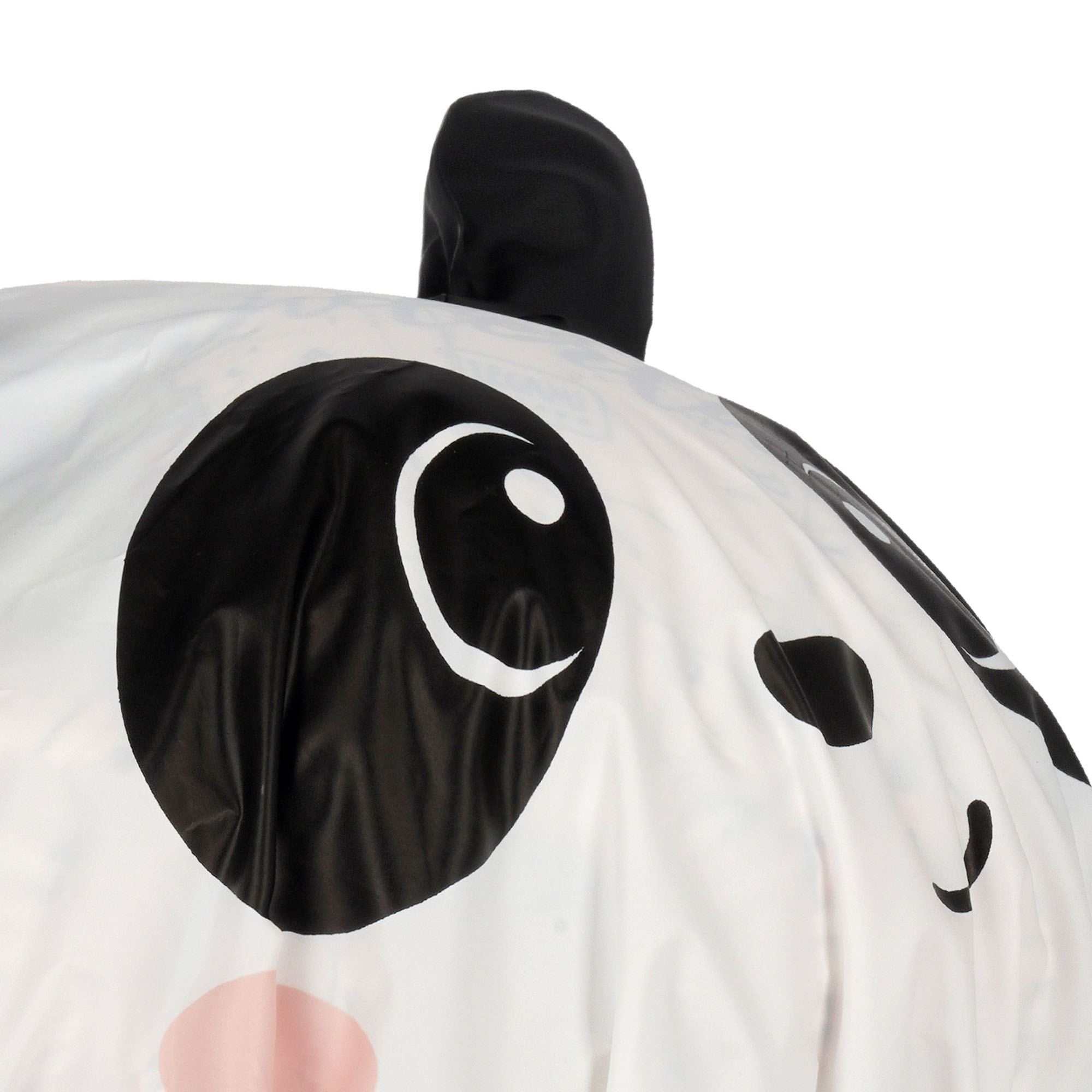 Weiße Duschhaube im Panda-Design, in Nahaufnahme mit Ohren, Horn oder Gesichtselementen dargestellt.