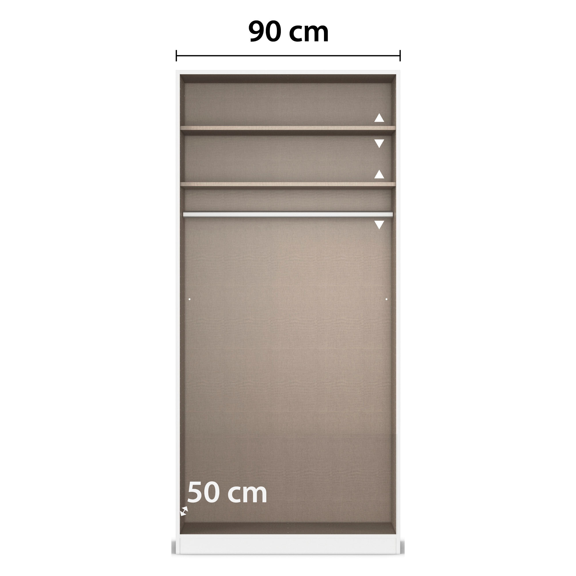 Innenansicht eines Kleiderschranks mit Fachböden und Kleiderstange sowie Maßangaben von 90 cm Breite und 50 cm Tiefe
