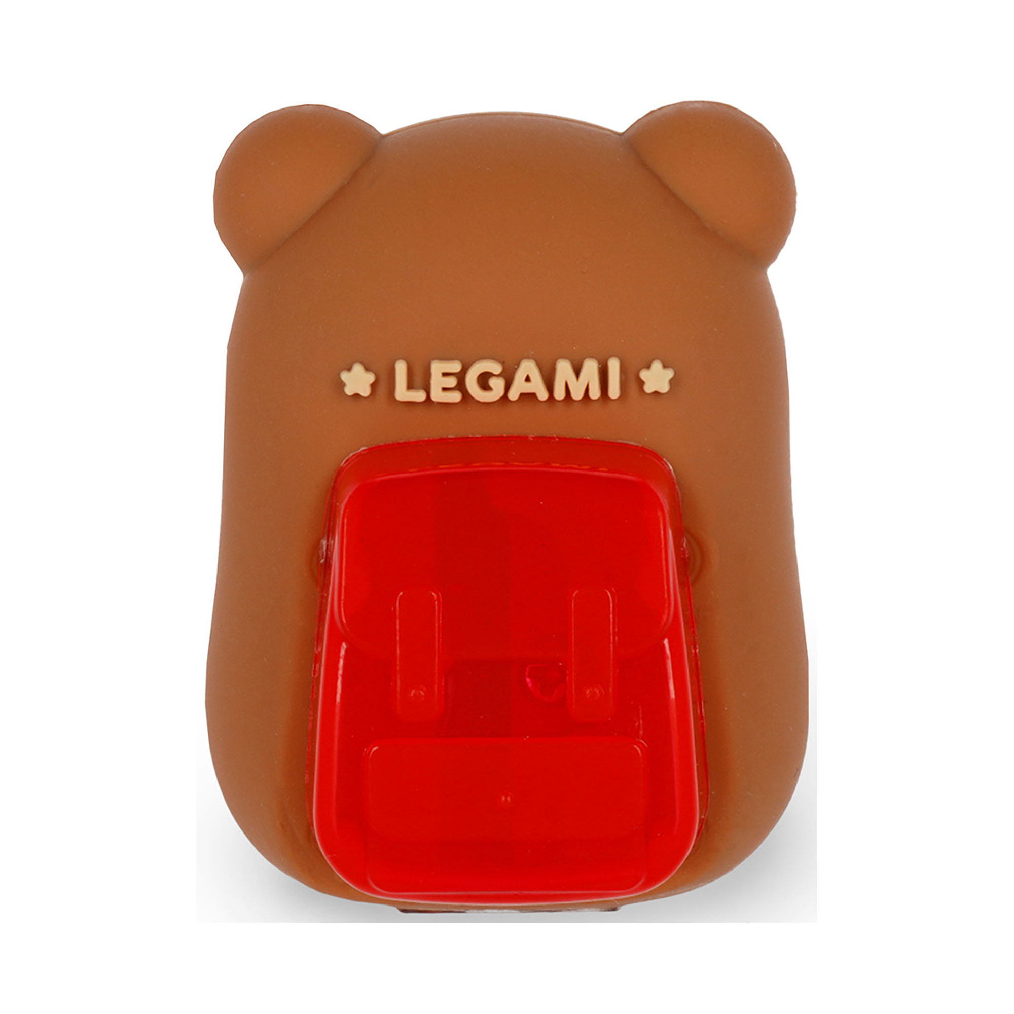 Brauner Leuchtstift mit Teddybär-Spitzerbehälter, schräg liegend mit sichtbarer Öffnung des Spitzerbehälters dargestellt.