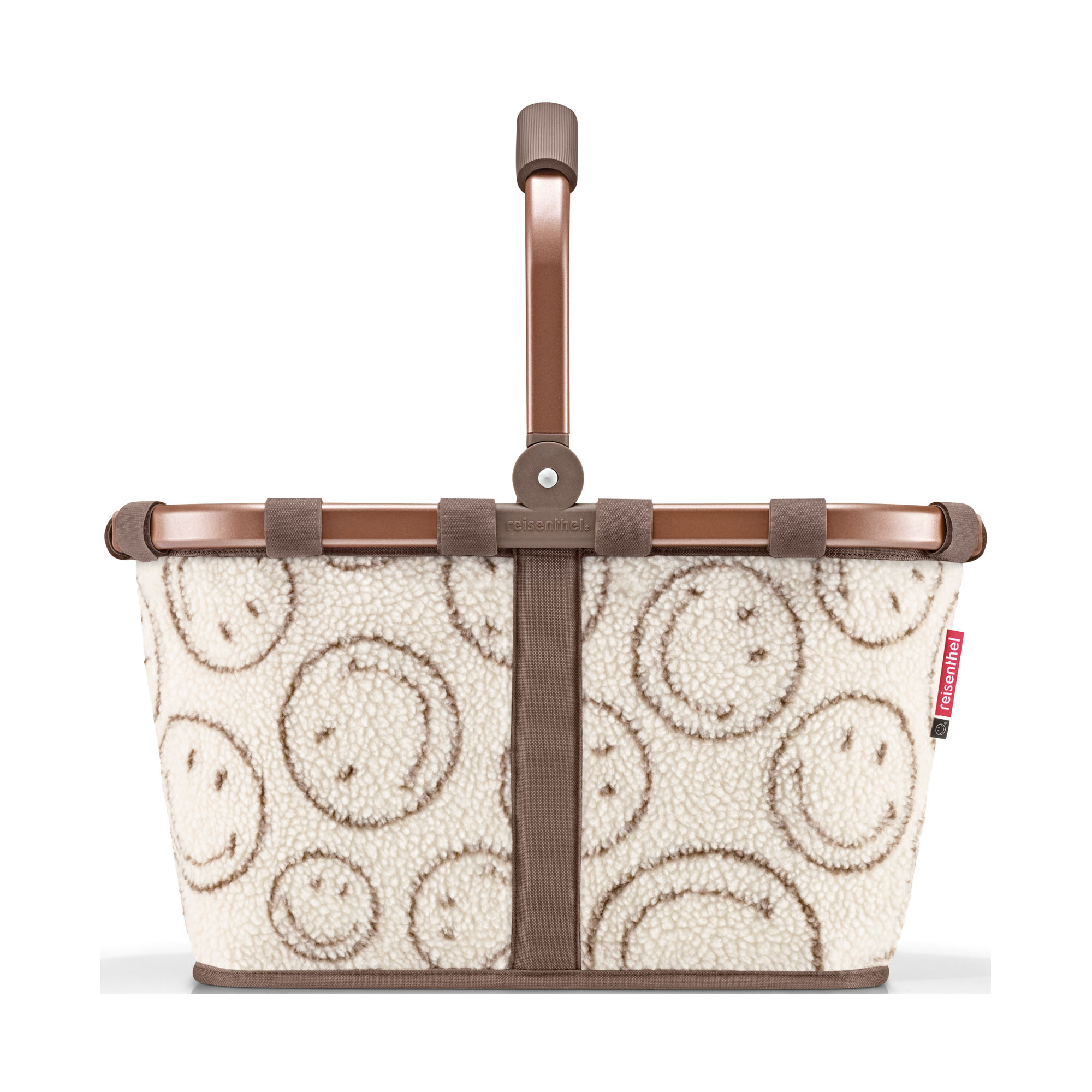Einkaufskorb von Reisenthel, Modell Carrybag, in Creme und Braun mit Smiley-Muster aus Teddyfleece, von hinten mit hochgestelltem Tragegriff