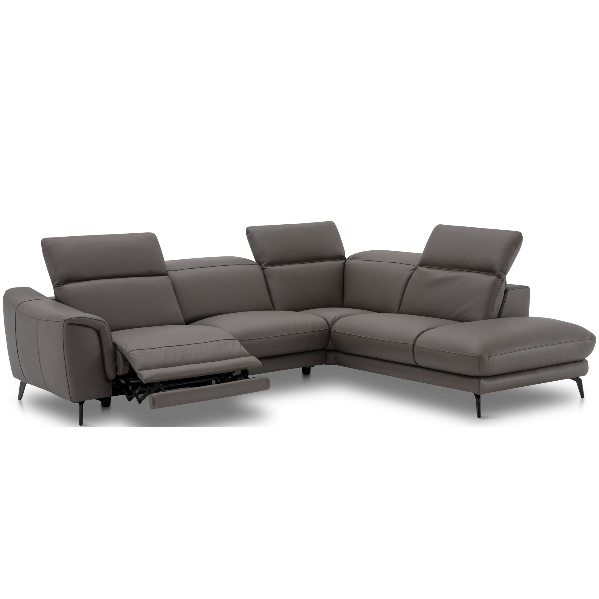 Graues Ecksofa mit vollständig ausgeklappten Sitzflächen und flacher Liegefunktion