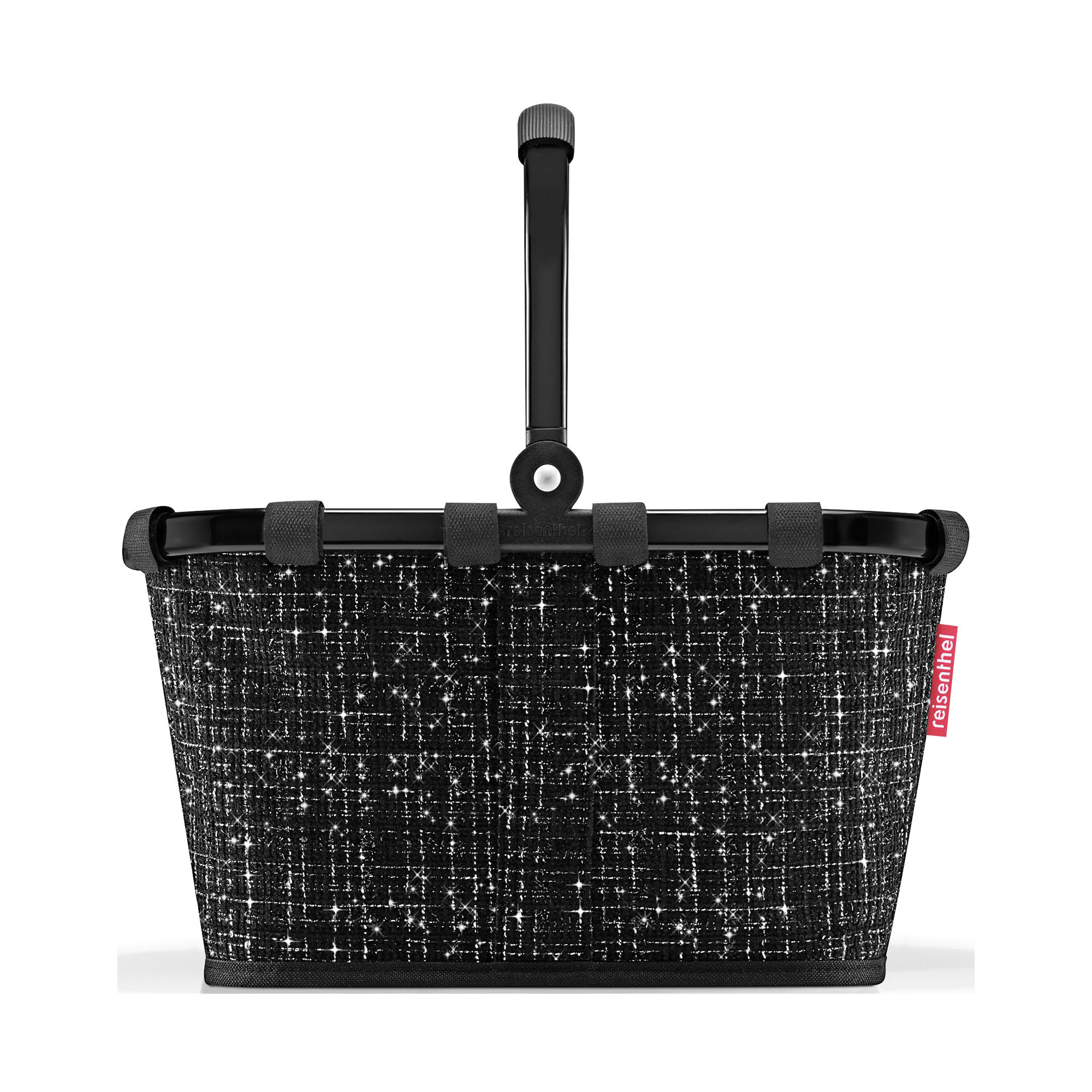 Kleiner Einkaufskorb von Reisenthel, Modell Carrybag XS, in Schwarz mit Bouclé-Struktur, von hinten mit hochgestelltem Tragegriff