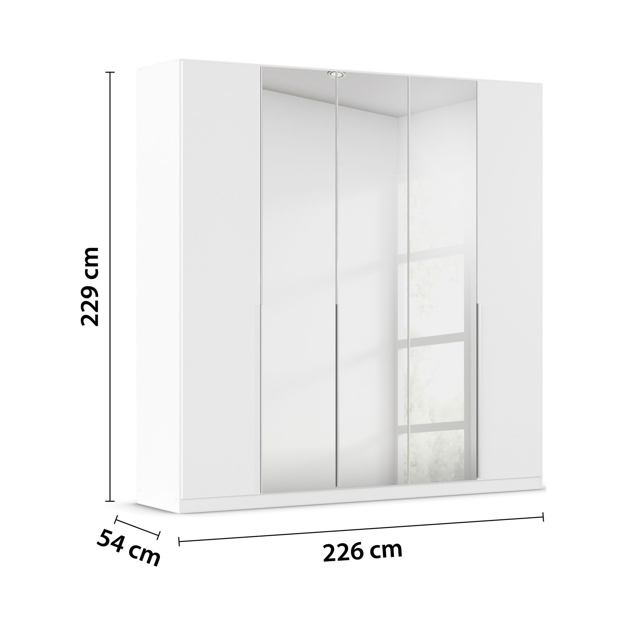 Weißer Kleiderschrank mit Spiegeltüren und Maßangaben 226 cm Breite, 229 cm Höhe und 54 cm Tiefe