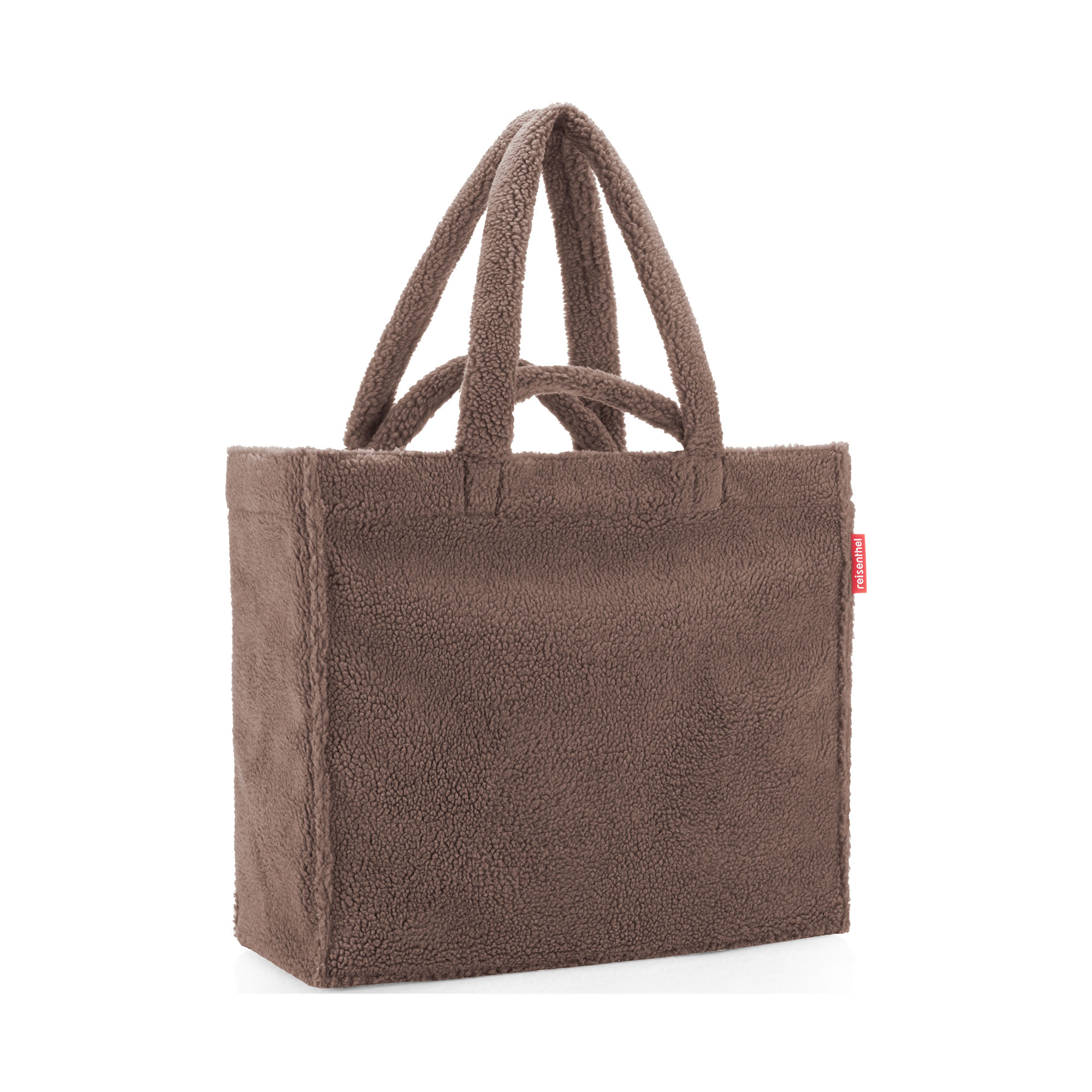 Shopper von Reisenthel, Modell Softshopper, in Schokoladenbraun aus Teddyfleece, frontal mit langen und kurzen Tragegriffen
