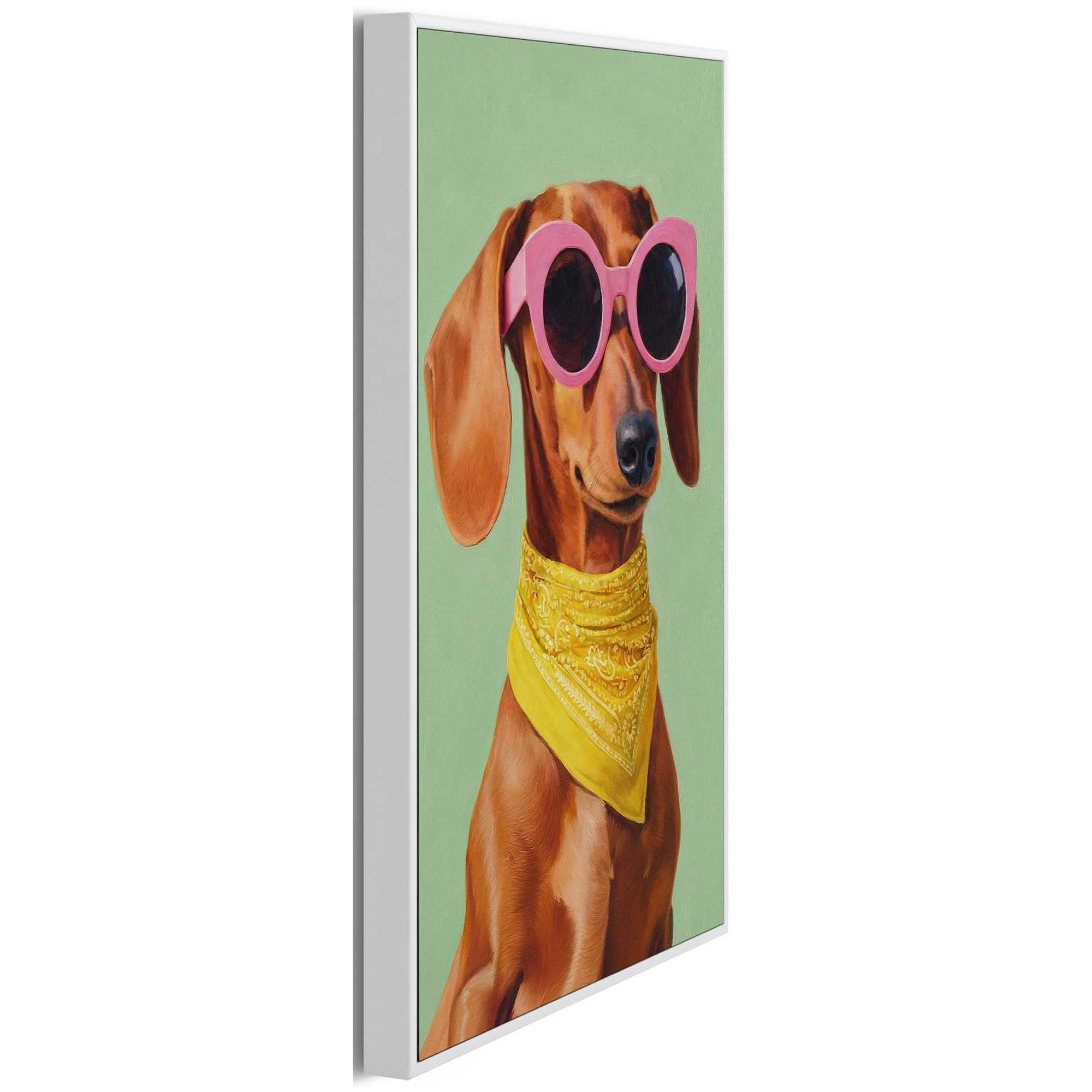 Seitliche Schrägansicht des Wandbilds „Funny Dachshund“, 20 × 30 cm; Profil, Kante und Tiefe des Bildes sind erkennbar.