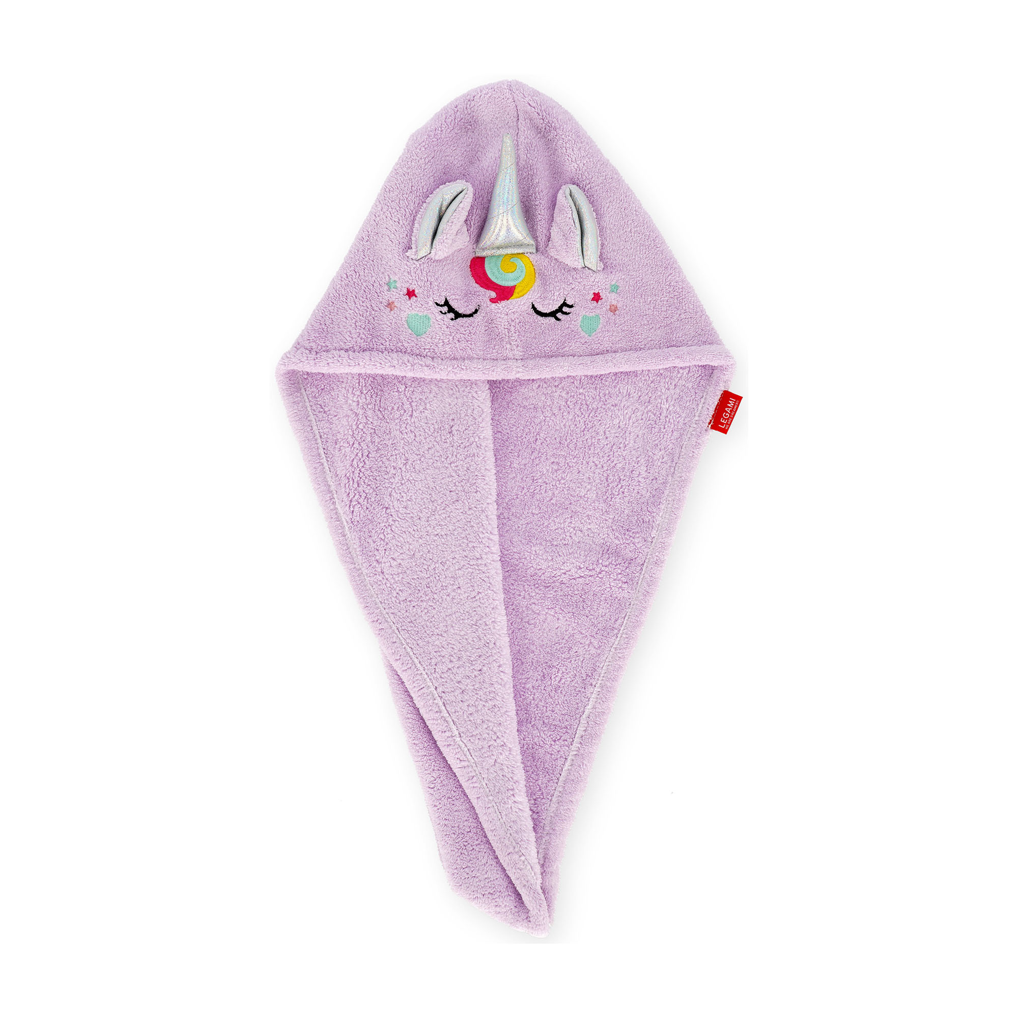 Lilafarbenes Haarturban-Handtuch im Einhorn-Design, lang gefaltet mit sichtbarer Spitze und Verschlusslasche dargestellt.