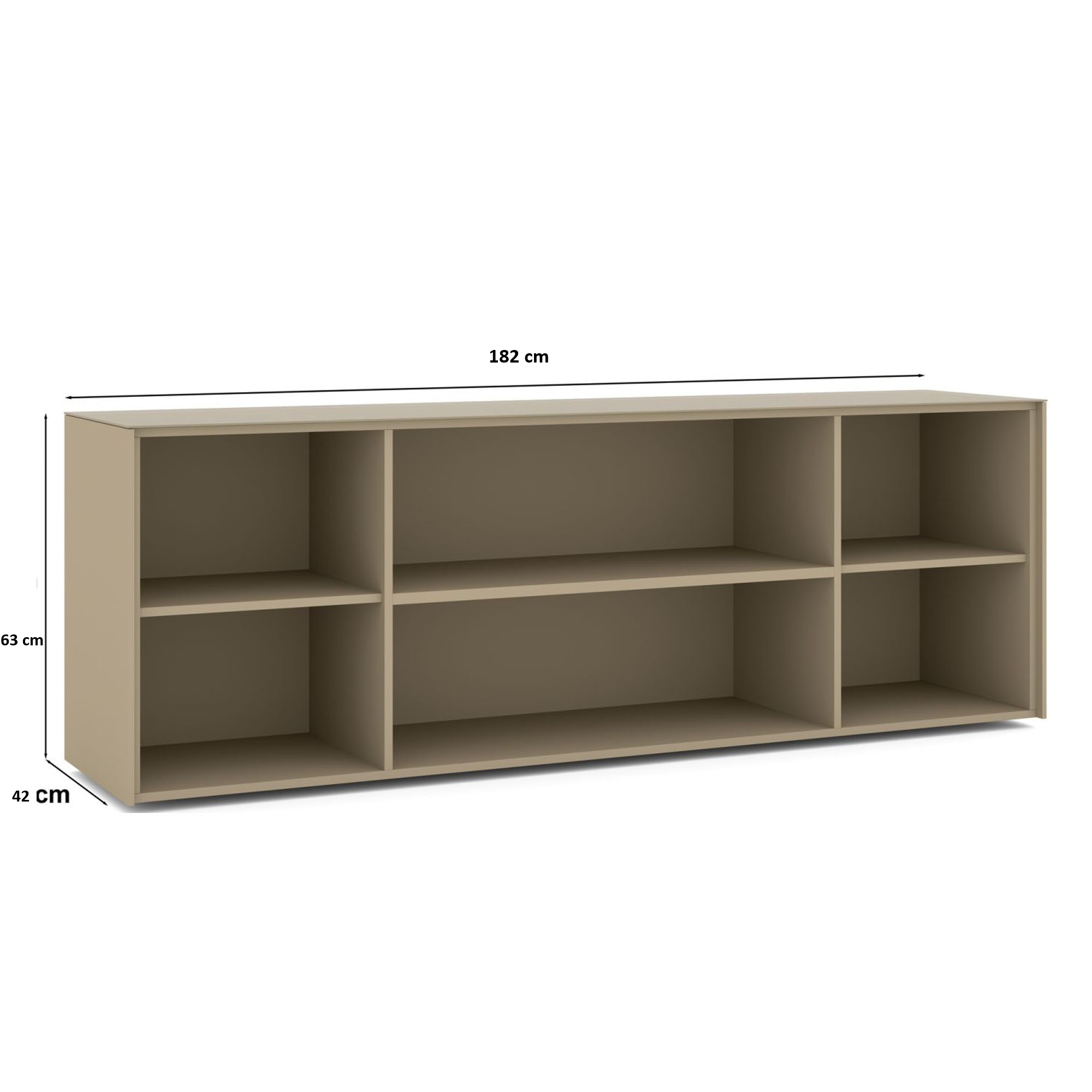Perspektivische Ansicht des taupefarbenen Lowboard-Korpus ohne Türen und Schubladen. Sichtbar sind sechs offene Fächer in drei Bereichen sowie eine Maßangabe von 182 cm Breite.