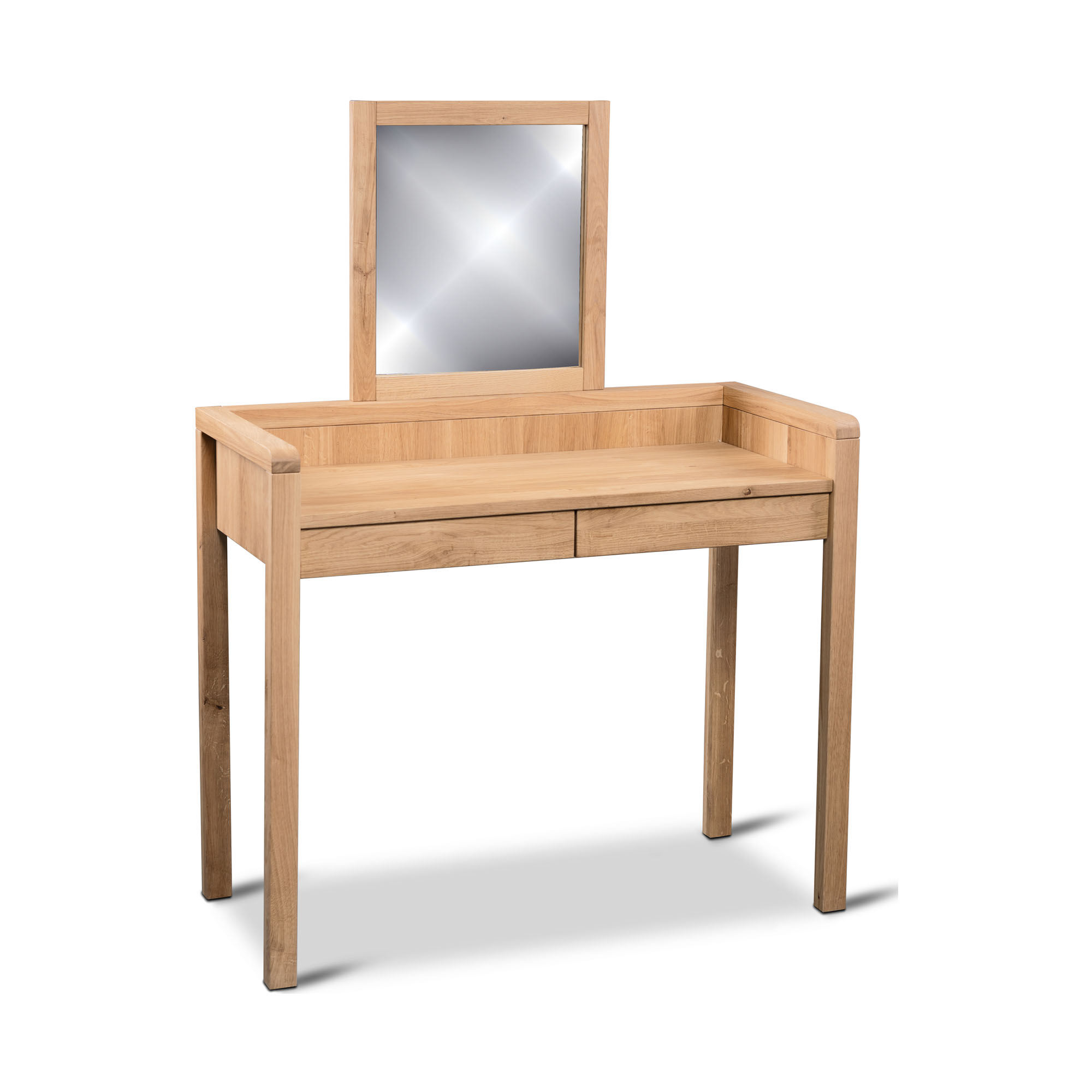 Schminktisch aus hellem Holz mit zwei Schubladen und rechteckigem Spiegelaufsatz, auf weißem Hintergrund fotografiert