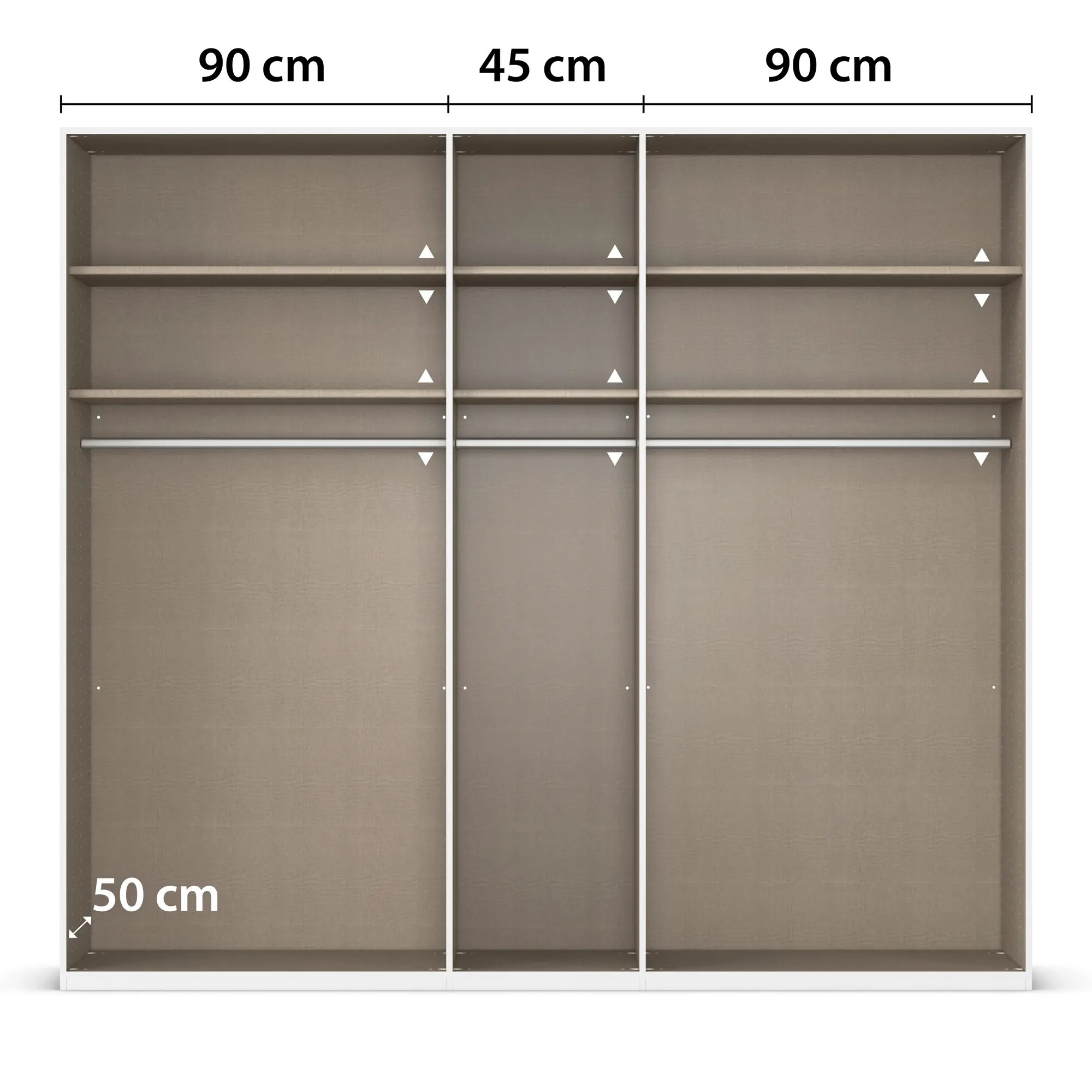 Innenansicht eines 5-türigen Kleiderschranks mit drei Fächern, Kleiderstangen und Einlegeböden, mittleres Fach 45 cm breit