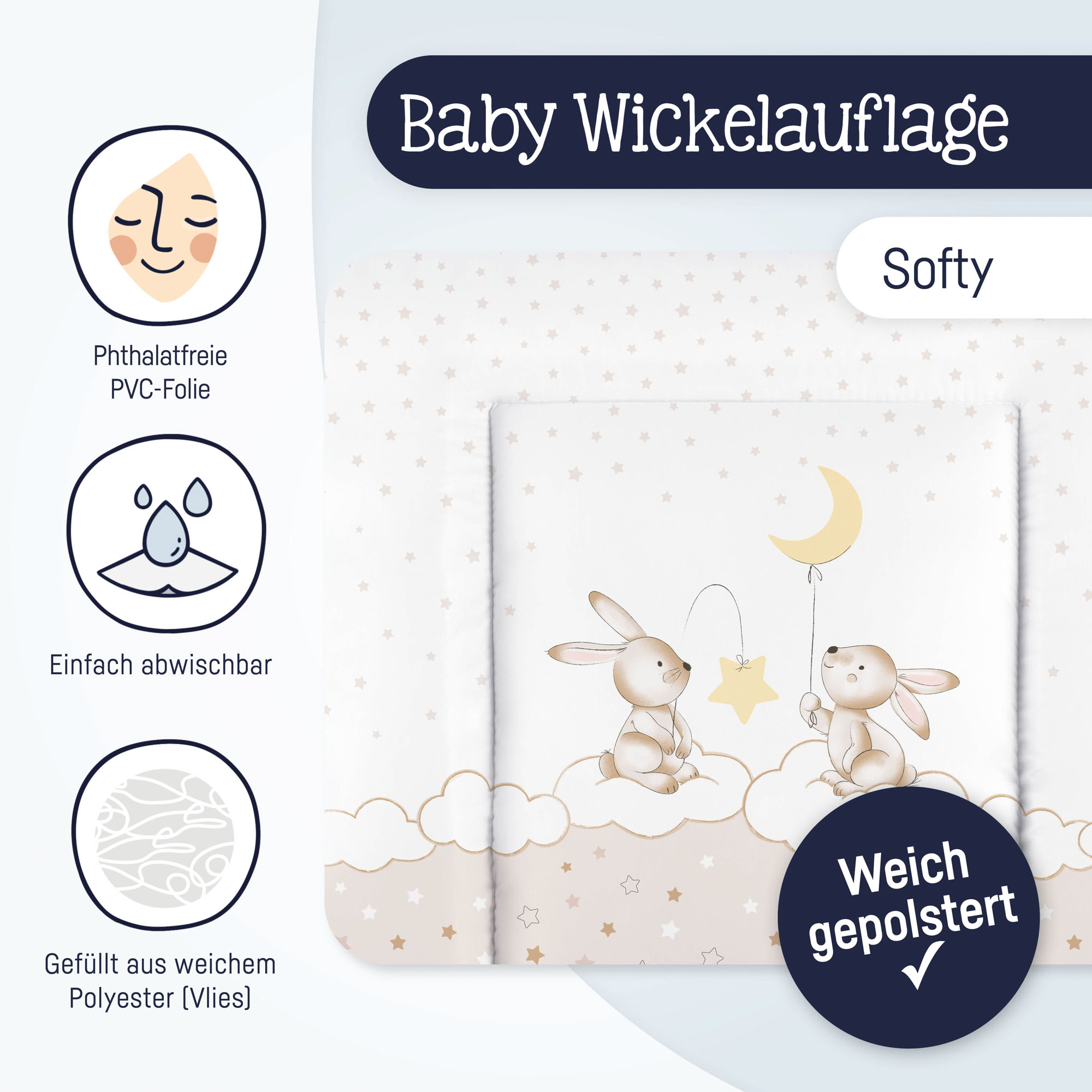 Nahaufnahme der Wickelauflage mit Hasenmotiv und Symbolen zu Eigenschaften wie PVC-frei und abwischbar