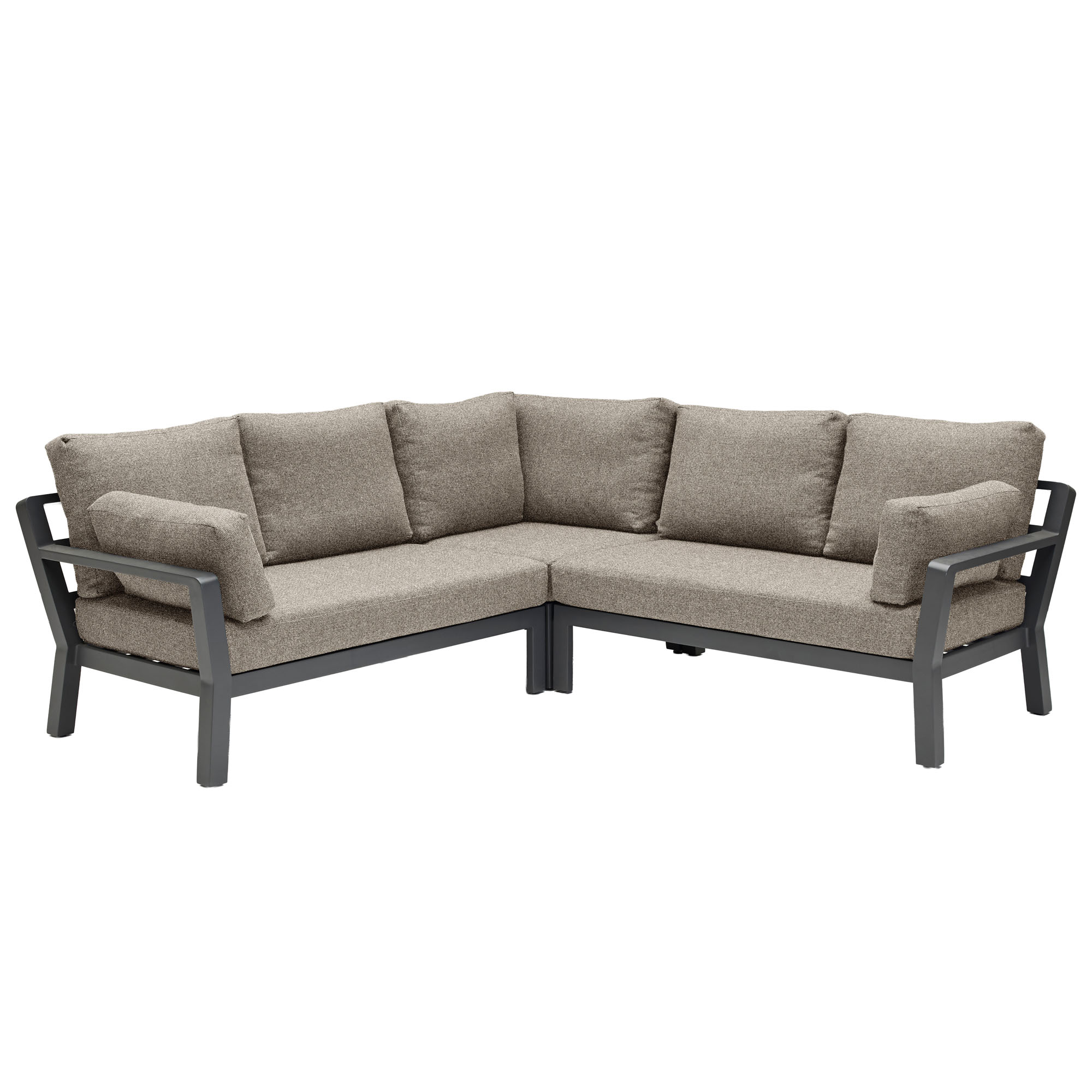 Ecksofa in L Form mit gepolsterten Sitz und Rückenkissen sowie Armlehnen, Ansicht von vorne