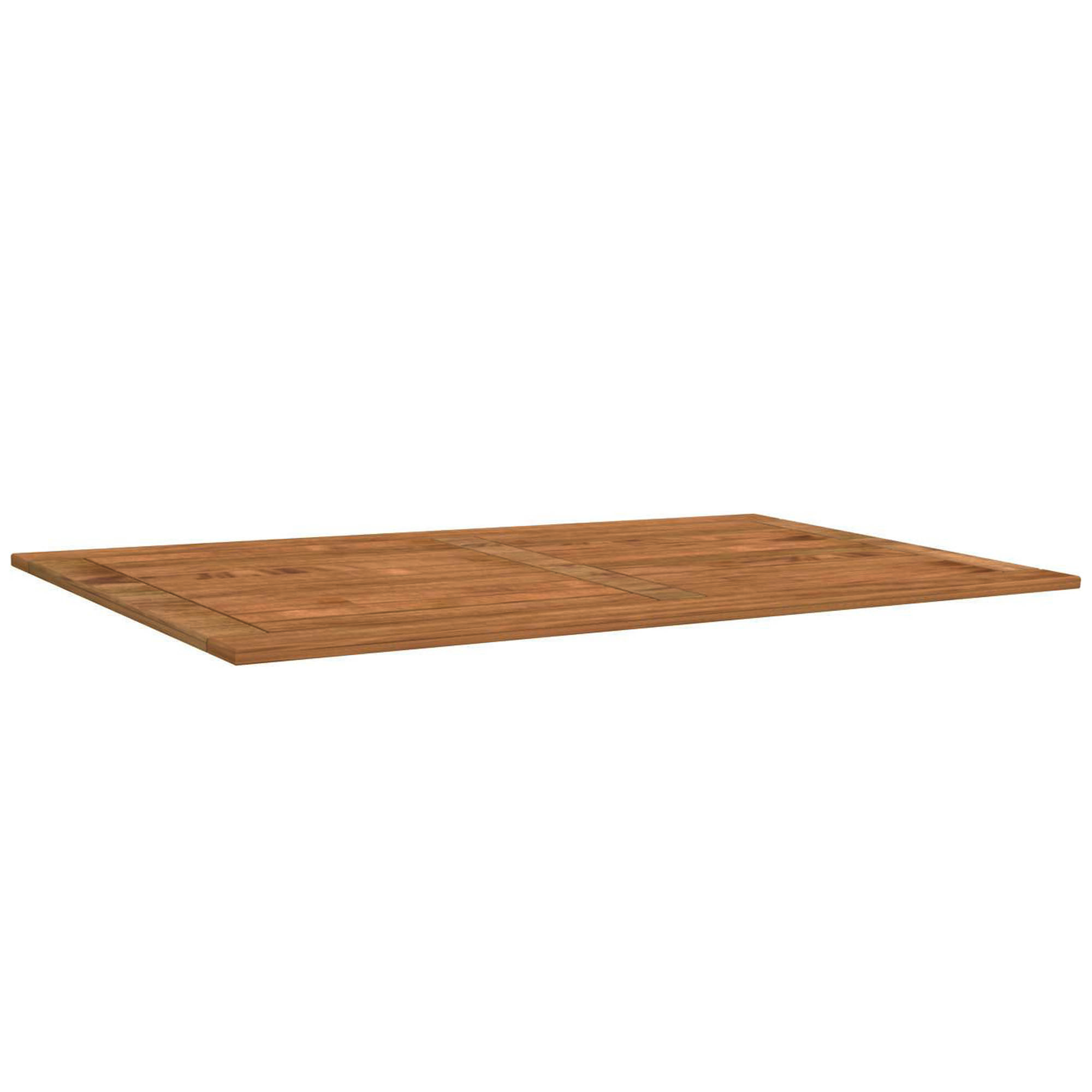 Eine flache, rechteckige Platte aus mittelbraunem Teakholz mit sichtbarer Maserung, vor weißem Hintergrund schwebend dargestellt.