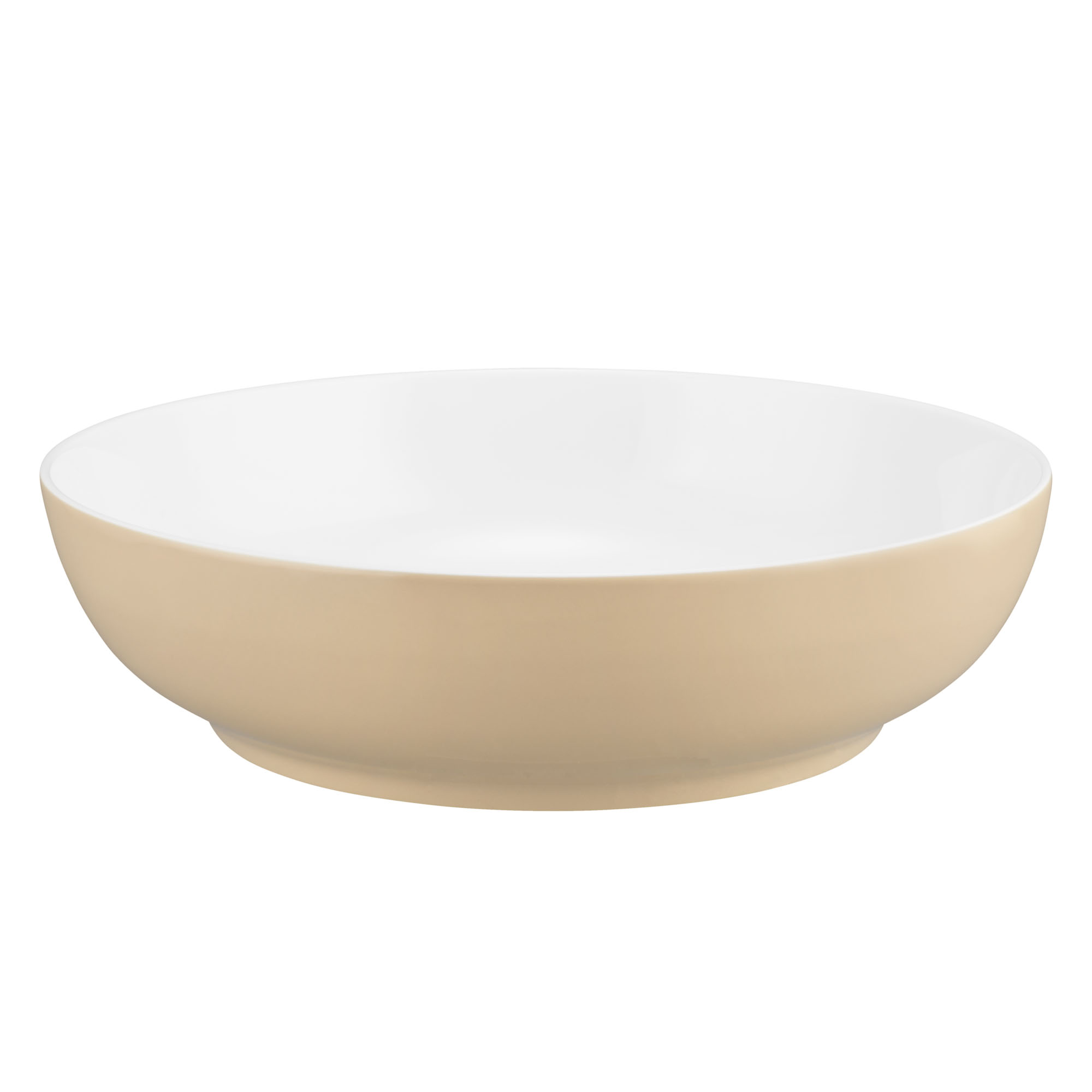 schräge Ansicht von vorn: Schale in Beige und Weiß. Erkennbar: flache runde Form mit beiger Außenseite und weißem Innenraum.