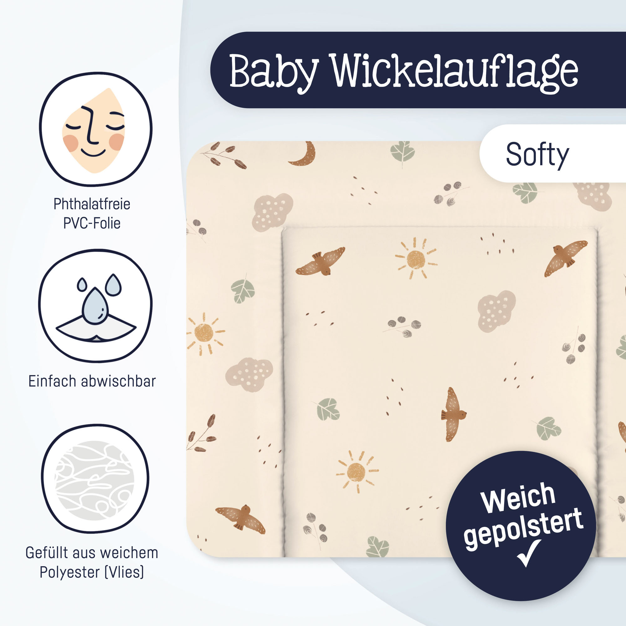 Wickelauflage mit Vogel- und Sonnenmuster in Beige, daneben Icons zu Materialeigenschaften und Schriftzug „Weich gepolstert“