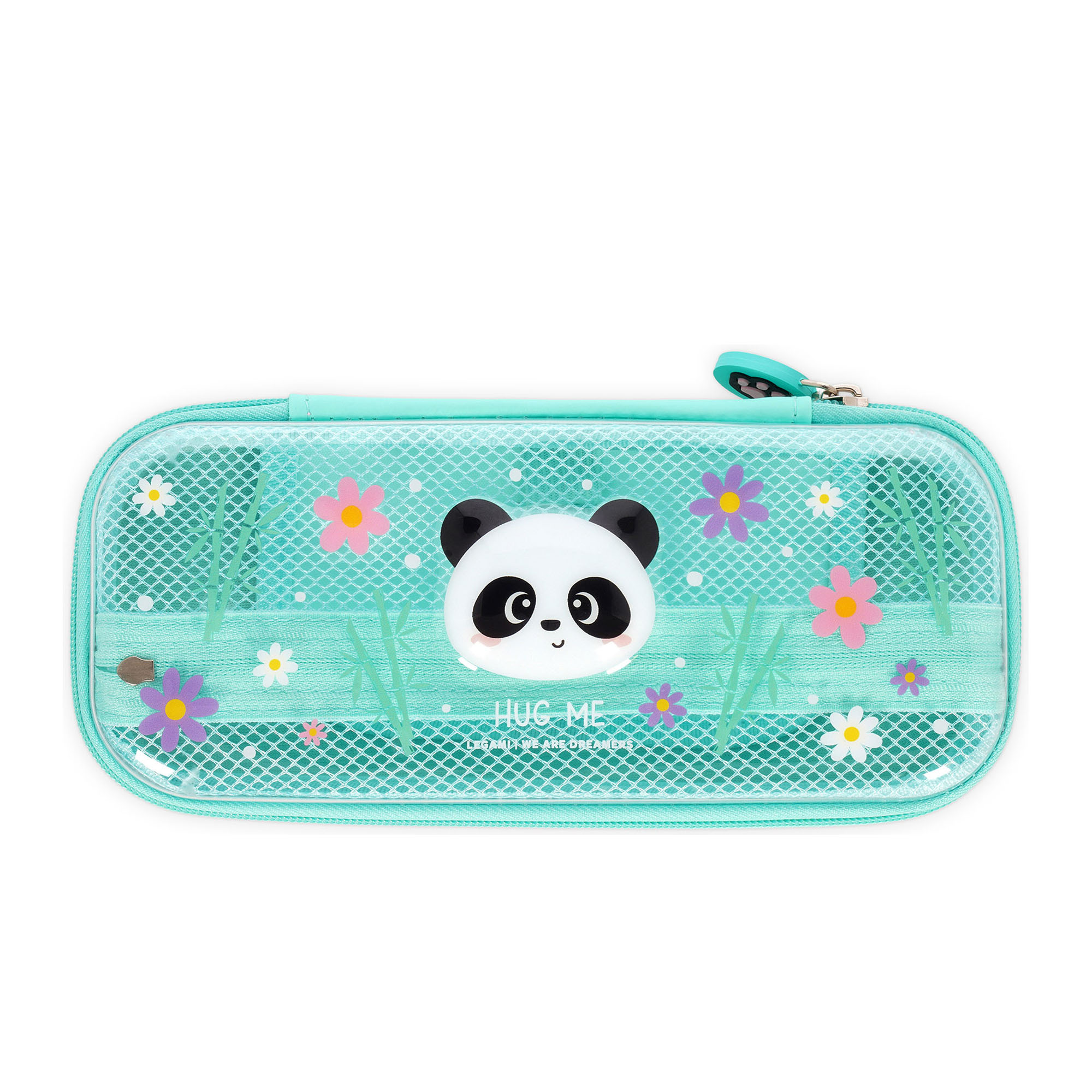 Mintgrünes Federmäppchen im Panda-Design, geschlossen in gerader Vorderansicht gezeigt.