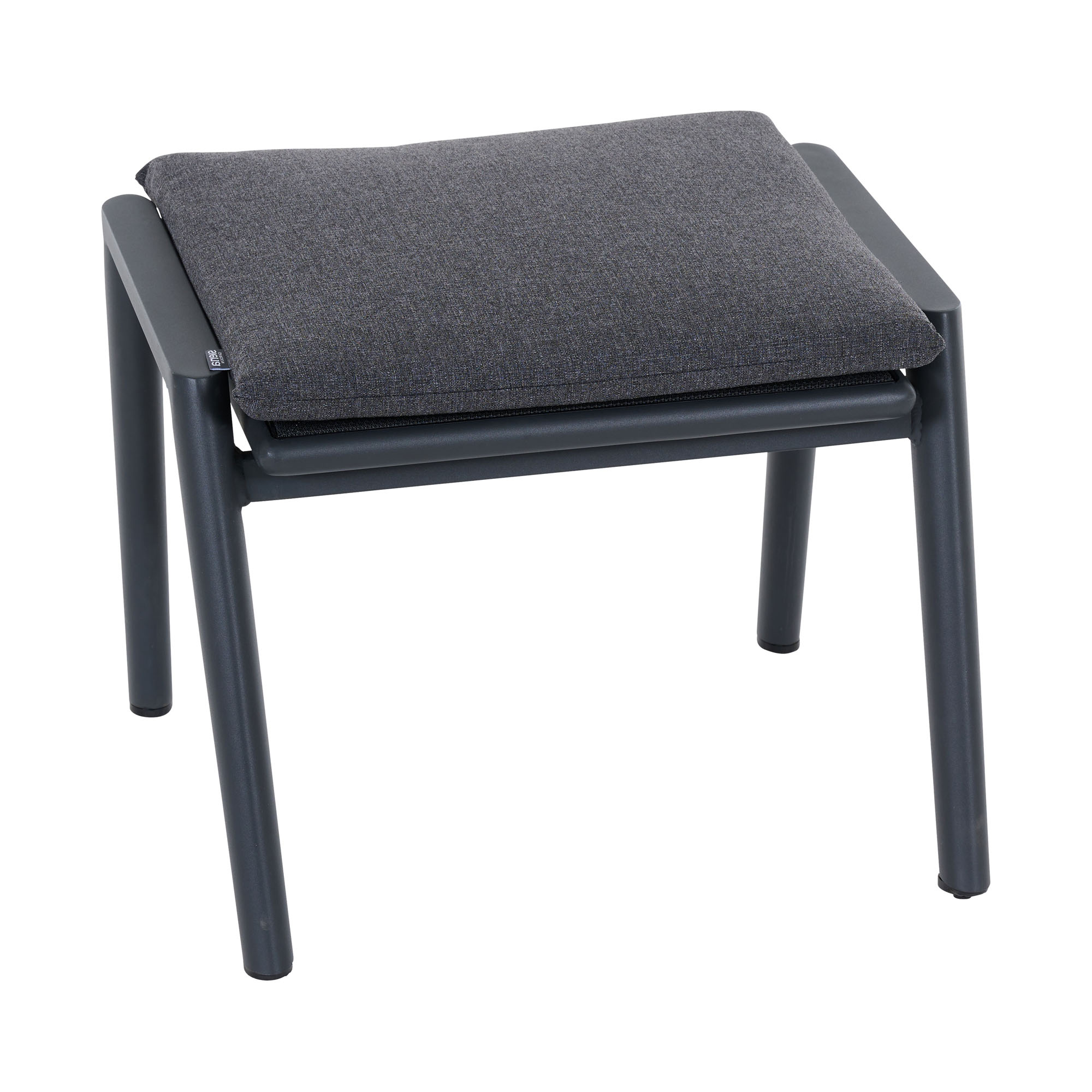 Moderner Hocker mit dunkelgrauem Aluminiumgestell und passendem Polsterkissen, schräg von vorne fotografiert