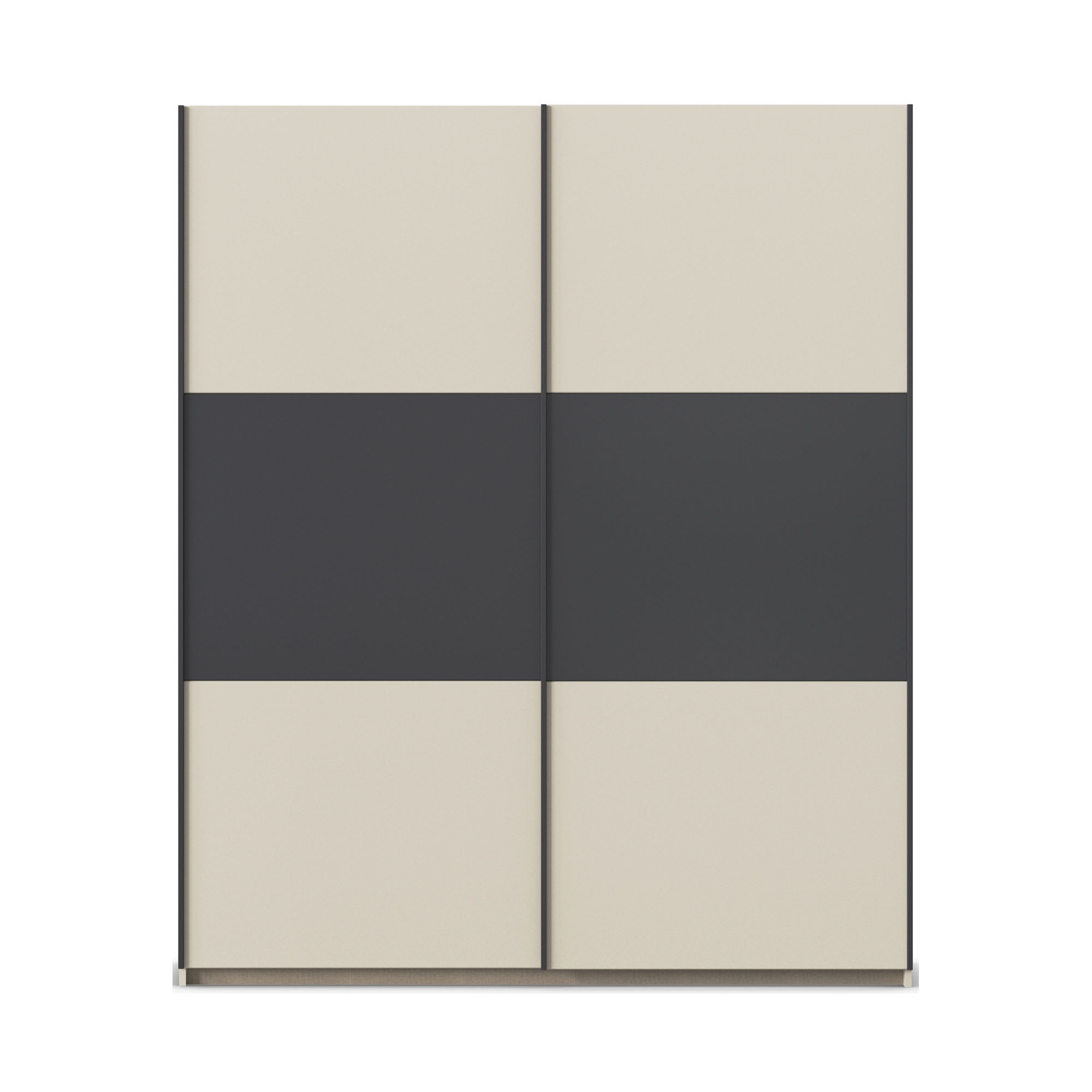 Schwebetürenschrank mit Champagner-Absetzung und Front in Grau Metallic, in frontaler Ansicht dargestellt.