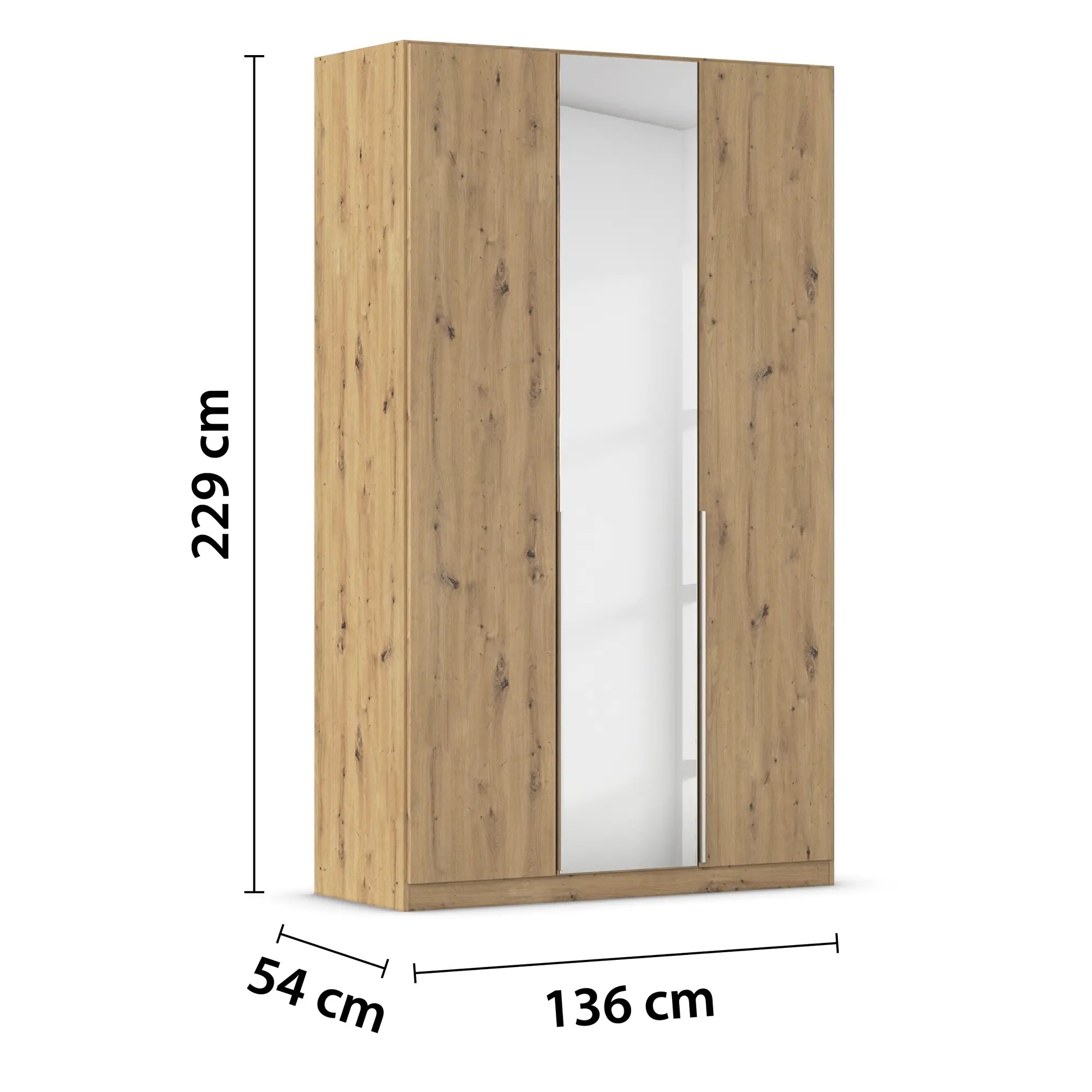 Kleiderschrank in Eiche Artisan mit Spiegeltür und eingezeichneten Maßen von 229 cm Höhe, 136 cm Breite und 54 cm Tiefe