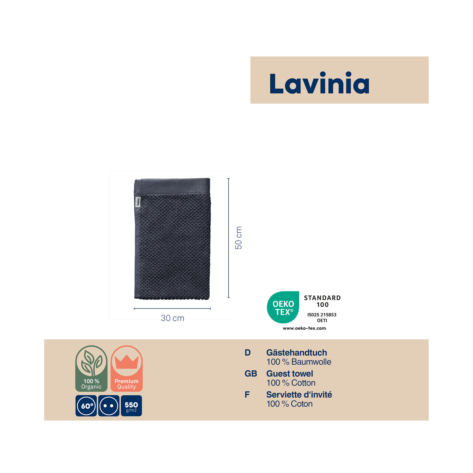 Informationsgrafik mit tiefseeblauem Gästetuch Lavinio und ergänzenden Angaben zu Material und Produkteigenschaften