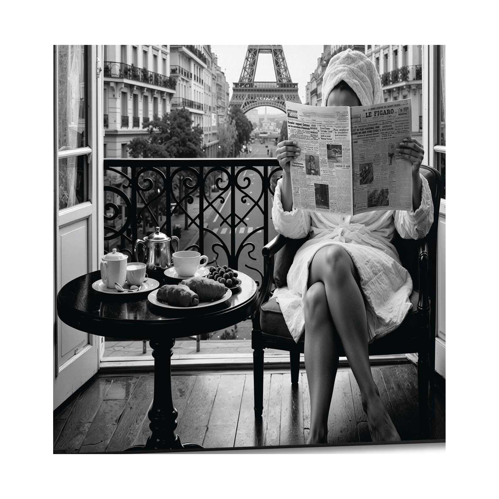 Frontansicht des Wandbilds „Paris Weekend“ in Schwarz-Weiß, Größe 50 × 70 cm; das vollständige Motiv ist zu sehen.