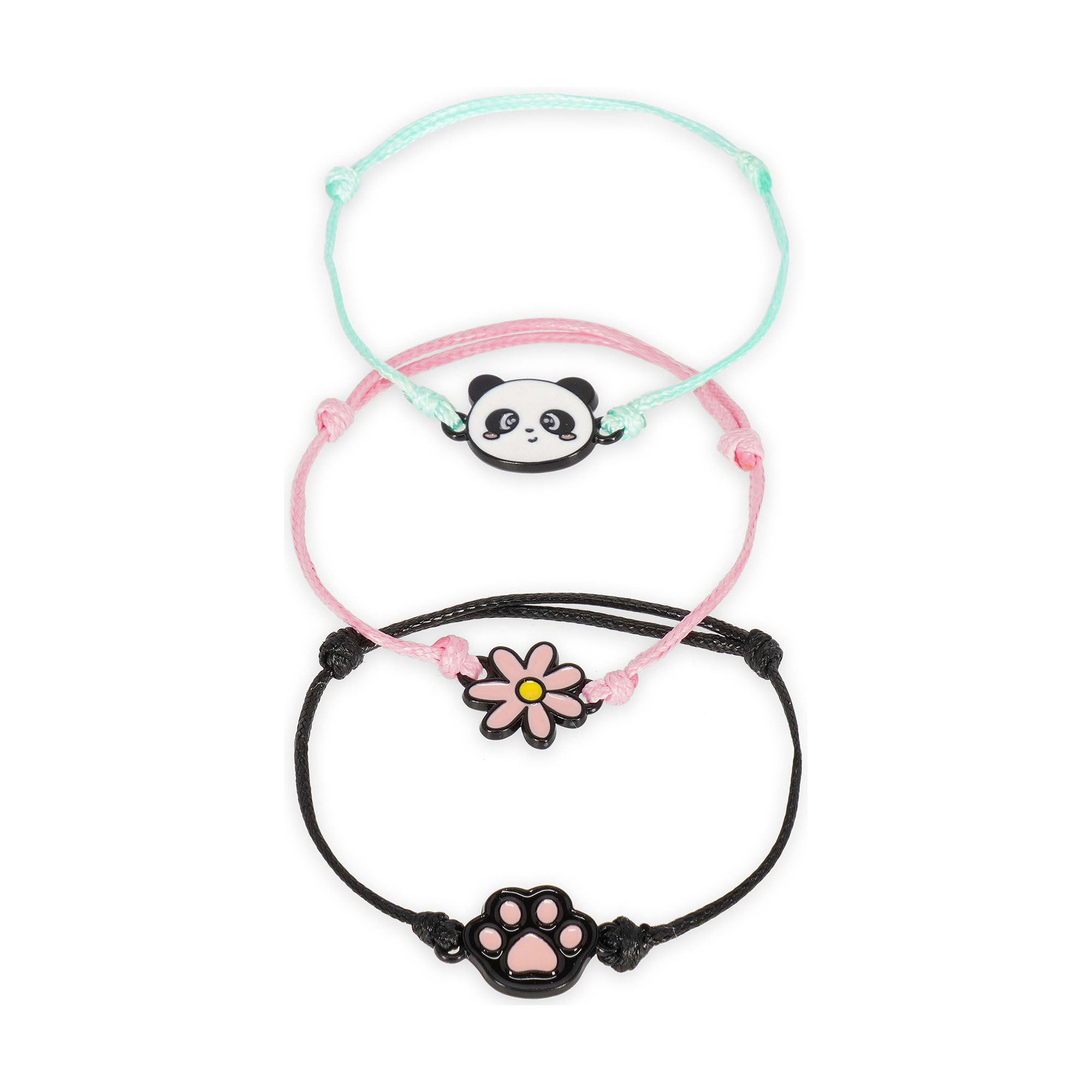 Drei Armbänder mit Panda- und Blumenanhängern, mit drei Armbändern locker überlappend gezeigt.