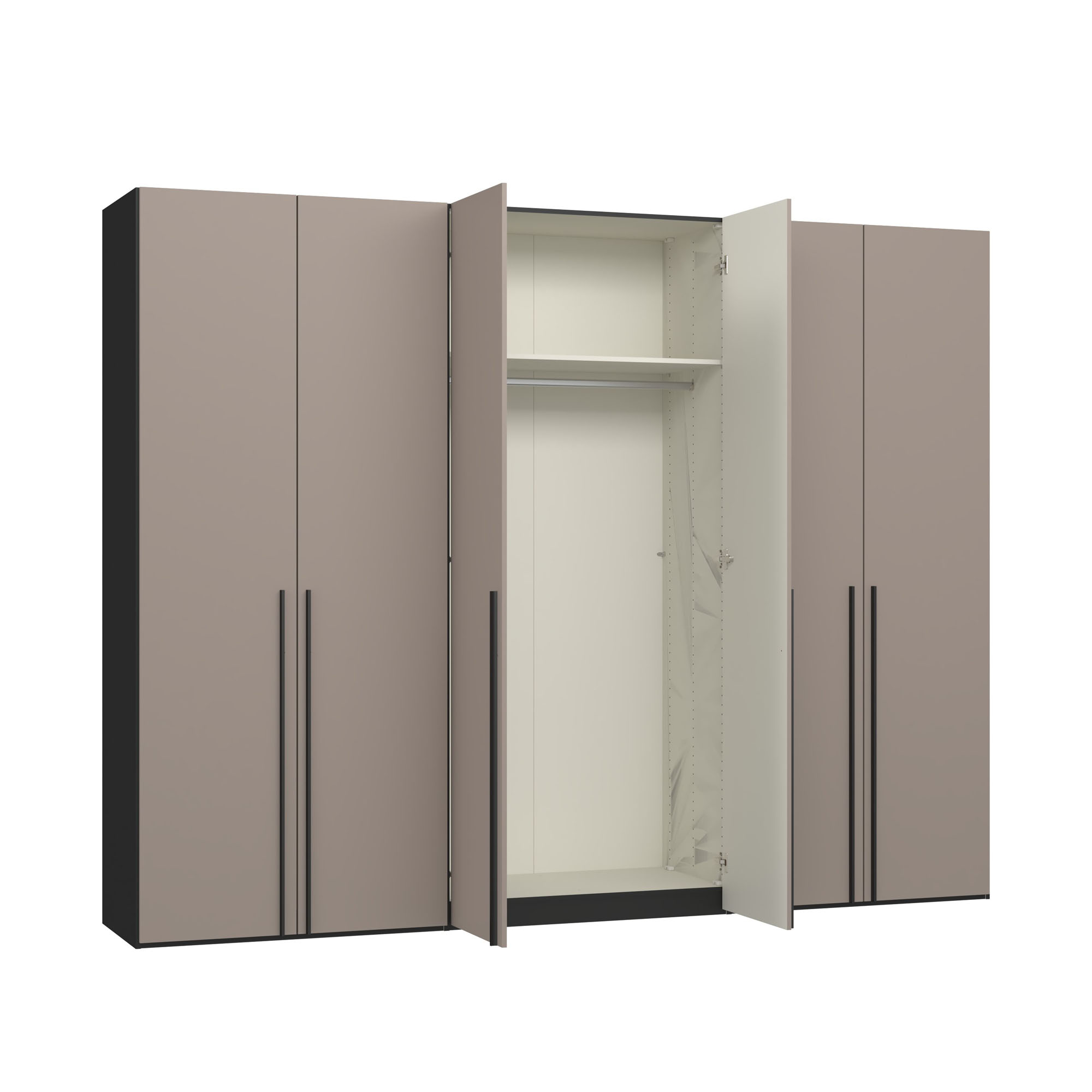 Kleiderschrank mit mittig geöffneten Türen und Innenansicht mit Einlegeboden und Kleiderstange