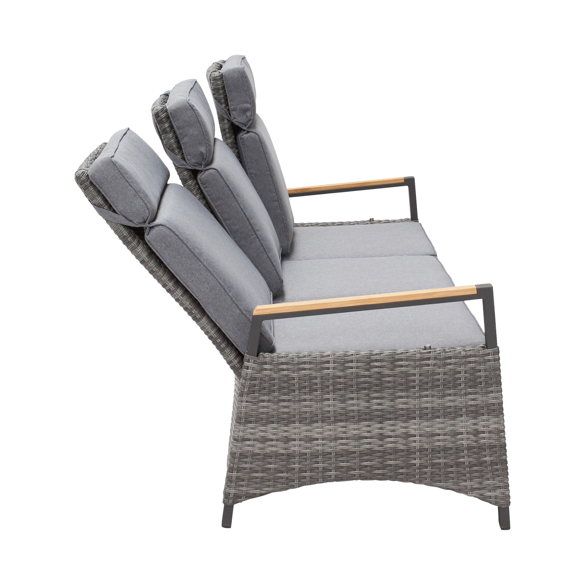 Gartensofa in Seitenansicht mit dargestellten Positionen der verstellbaren Rückenlehnen vor weißem Hintergrund