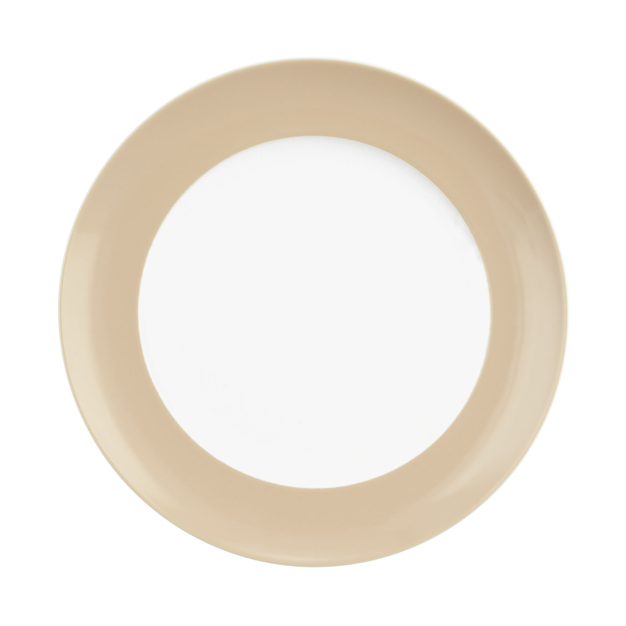 Teller in Beige und Weiß. runder beiger Rand mit weißer Mitte. Ansicht: Draufsicht.