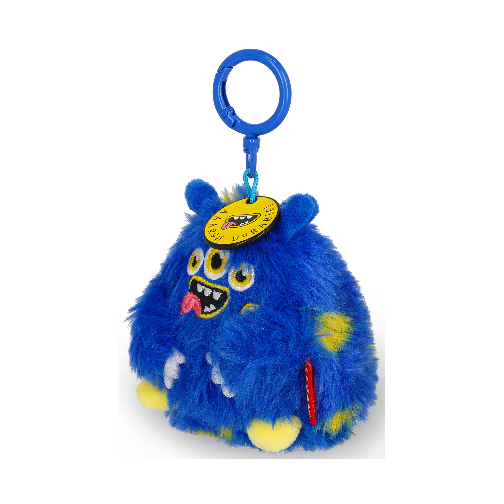 Blauer Monster-Plüsch-Schlüsselanhänger, leicht seitlich mit Schlüsselring gezeigt.