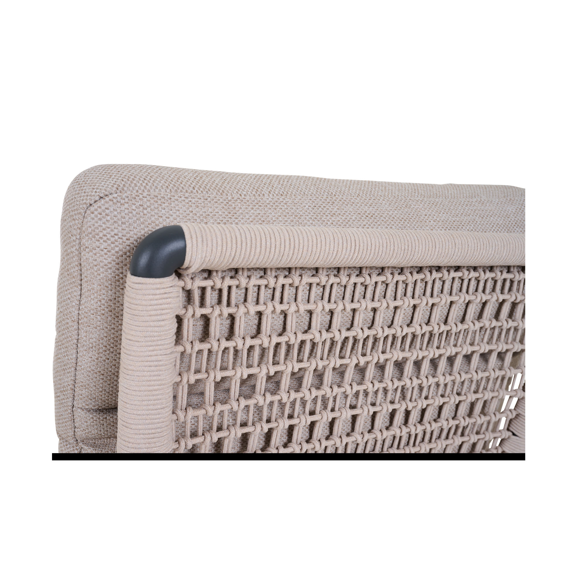 Rückseite der beige gepolsterten Rückenlehne mit geflochtener Bespannung und Aluminiumrahmen