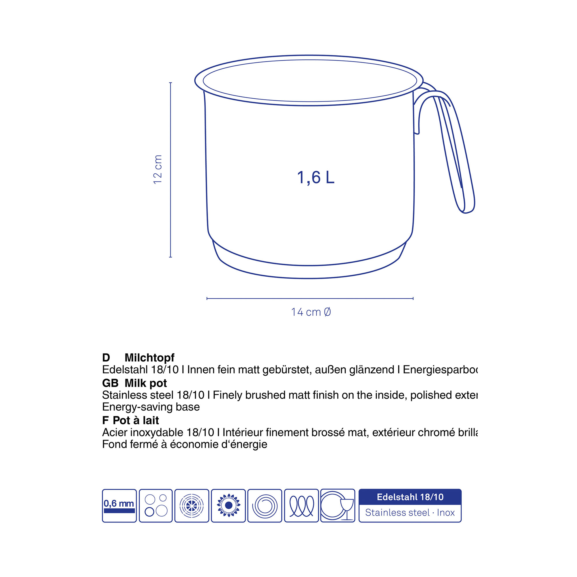 Technische Darstellung des Milchtopfs mit eingezeichneten Abmessungen, Volumenangabe und Symbolen zu den Produkteigenschaften