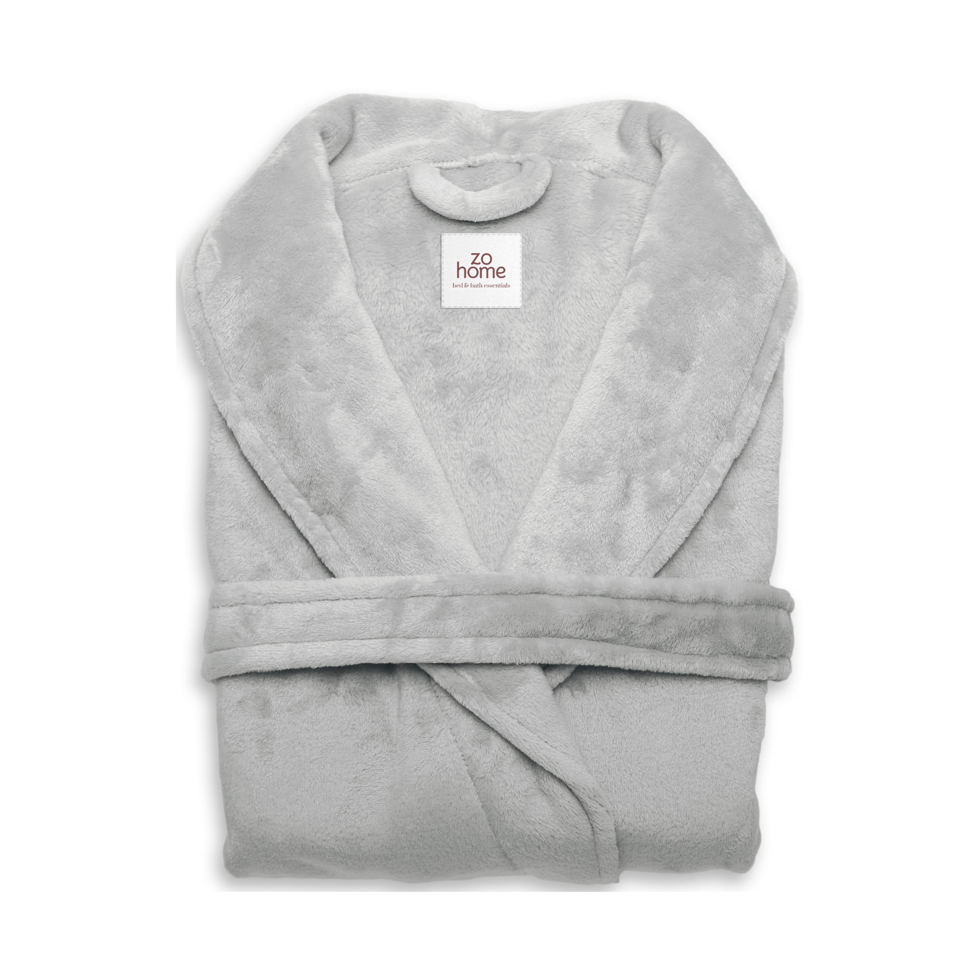 Cara Bademantel in Pearl Grey, Größe S: zusammengefalteter Bademantel aus einfarbigem, flauschig wirkendem Stoff, mit sichtbarem Schalkragen und Bindegürtel.