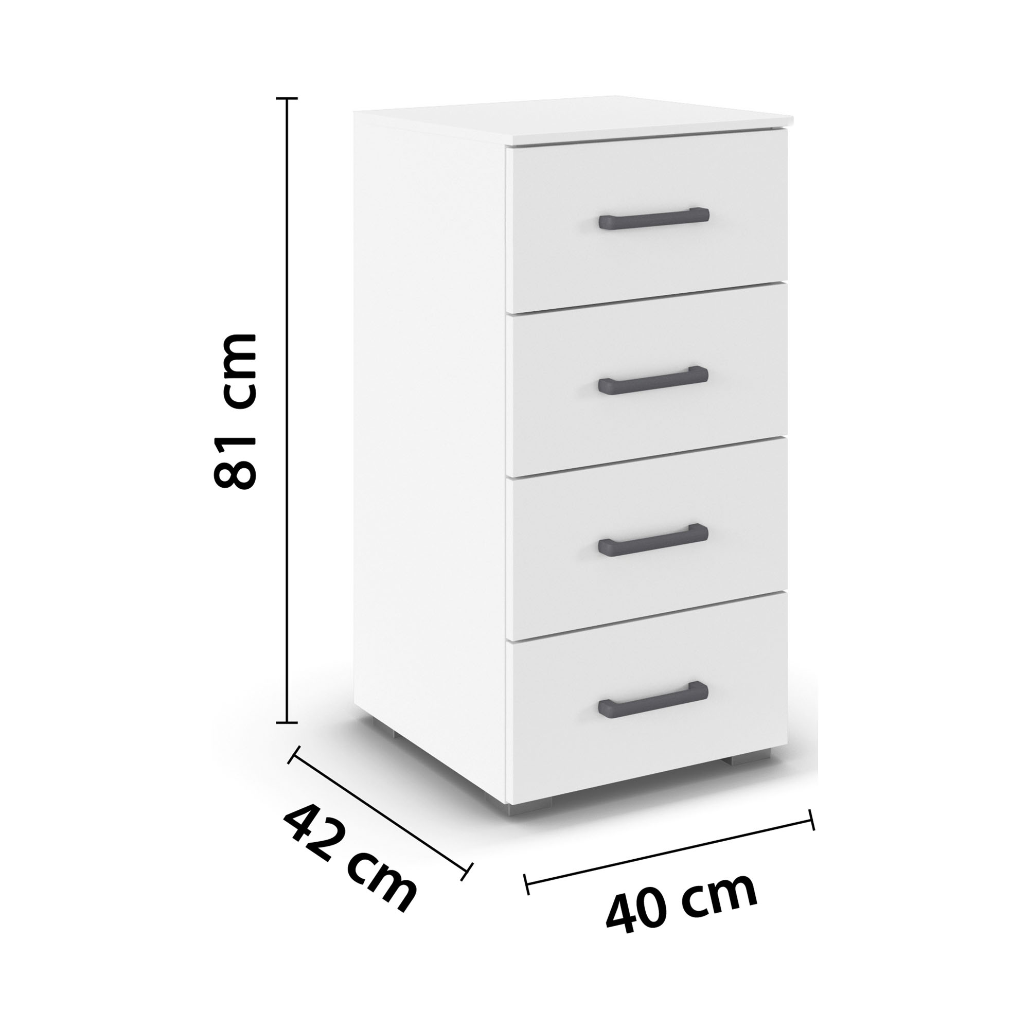 Weiße Kommode mit Maßangaben Breite 40 cm, Höhe 81 cm und Tiefe 42 cm mit vier Schubladen und Griffen